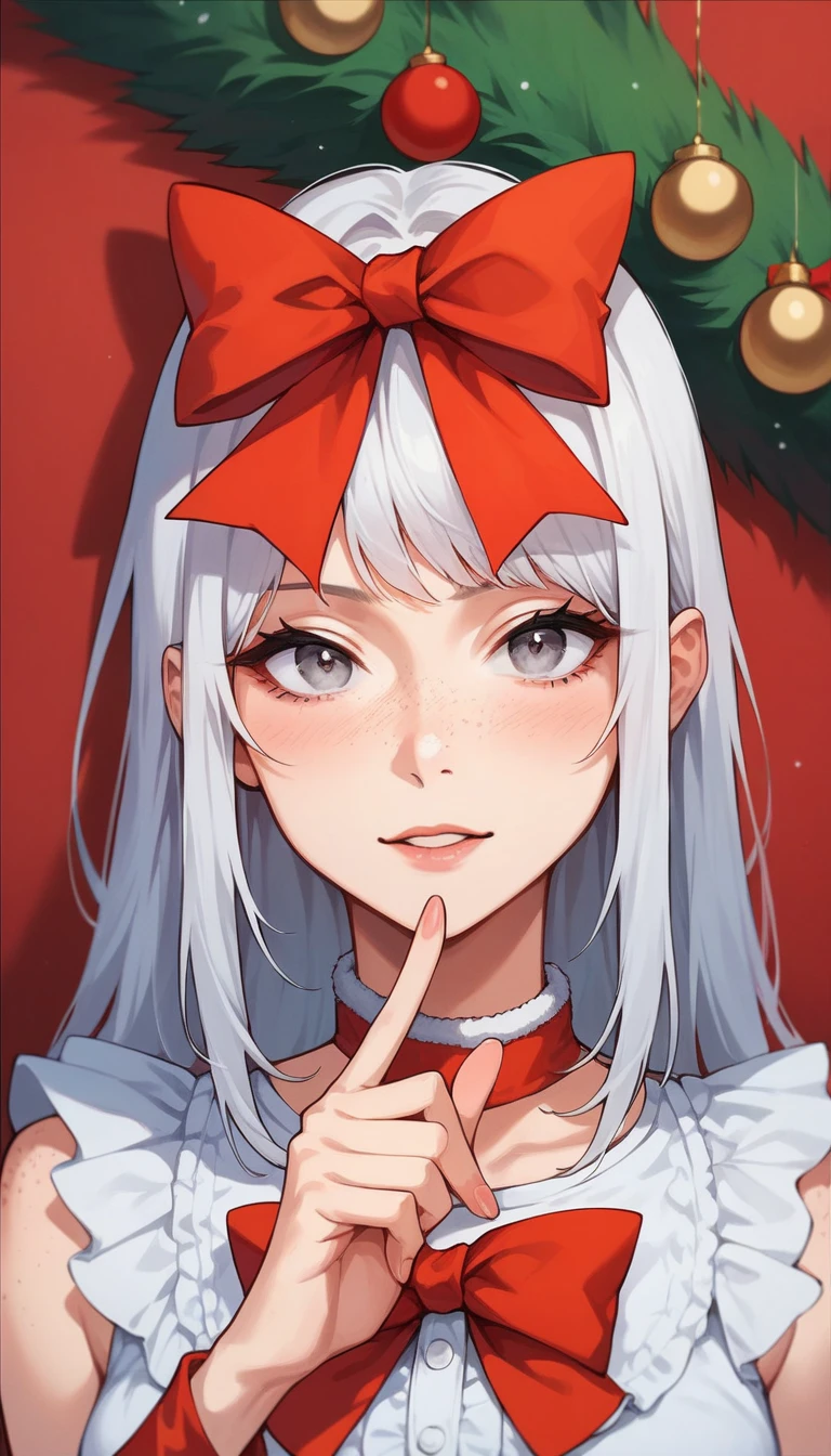 One anime girl, Korean girl 24 years old with long white hair Smooth long, medium gray eyes Pupil with long eyelashes, freckles on the cheeks and nose, light skin, Seat tied with a red decorative bow, with a set of deer, Christmas pine background and gifts.