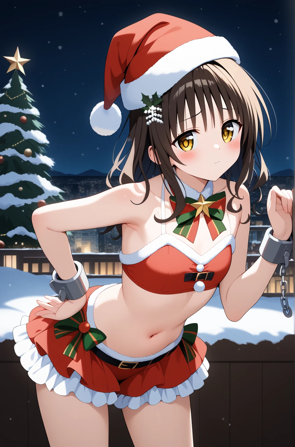 masterpiece,best quality,{{detailed beautiful face and eyes}}, 
Yuki Mikan,{{{megami magazine}}},middle hair,brown hair,hair ornament,hair bobbles,sidelocks,bangs,yellow eyes,flat chest,
((santa,(santa swimwear:1.3),red swimwear,(zettai ryouiki:1.3),navel,frilled skirt,cuffs,santa hat,bow tie)),
1girl,(is embarrassing,big blush,closed mouth:1.0),
((leaning forward,hand on hip:1.2)),
(night city,snow:1.0),clothed