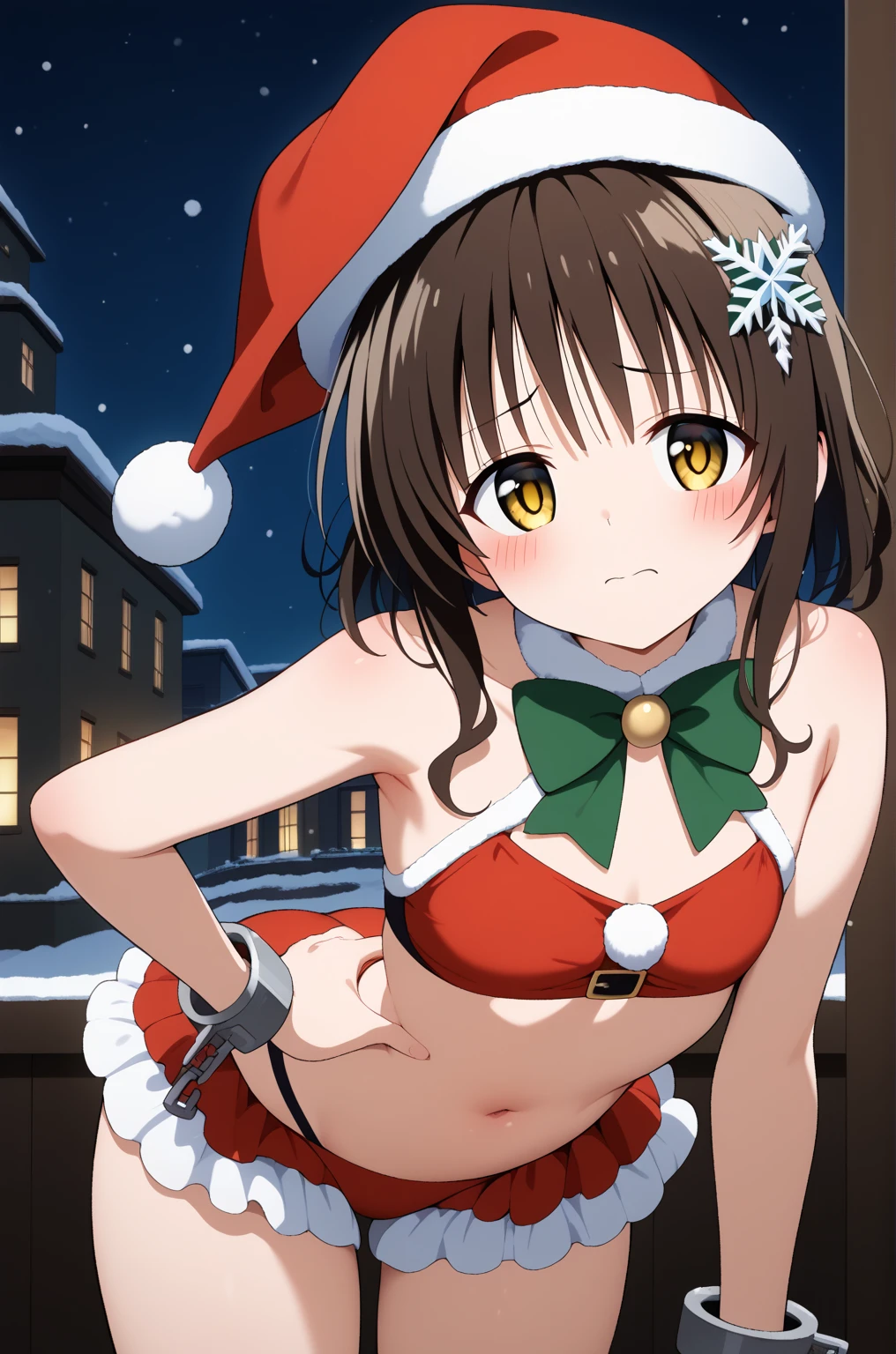 masterpiece,best quality,{{detailed beautiful face and eyes}}, 
Yuki Mikan,{{{megami magazine}}},middle hair,brown hair,hair ornament,hair bobbles,sidelocks,bangs,yellow eyes,flat chest,
((santa,(santa swimwear:1.3),red swimwear,(zettai ryouiki:1.3),navel,frilled skirt,cuffs,santa hat,bow tie)),
1girl,(is embarrassing,big blush,closed mouth:1.0),
((leaning forward,hand on hip:1.2)),
(night city,snow:1.0),clothed