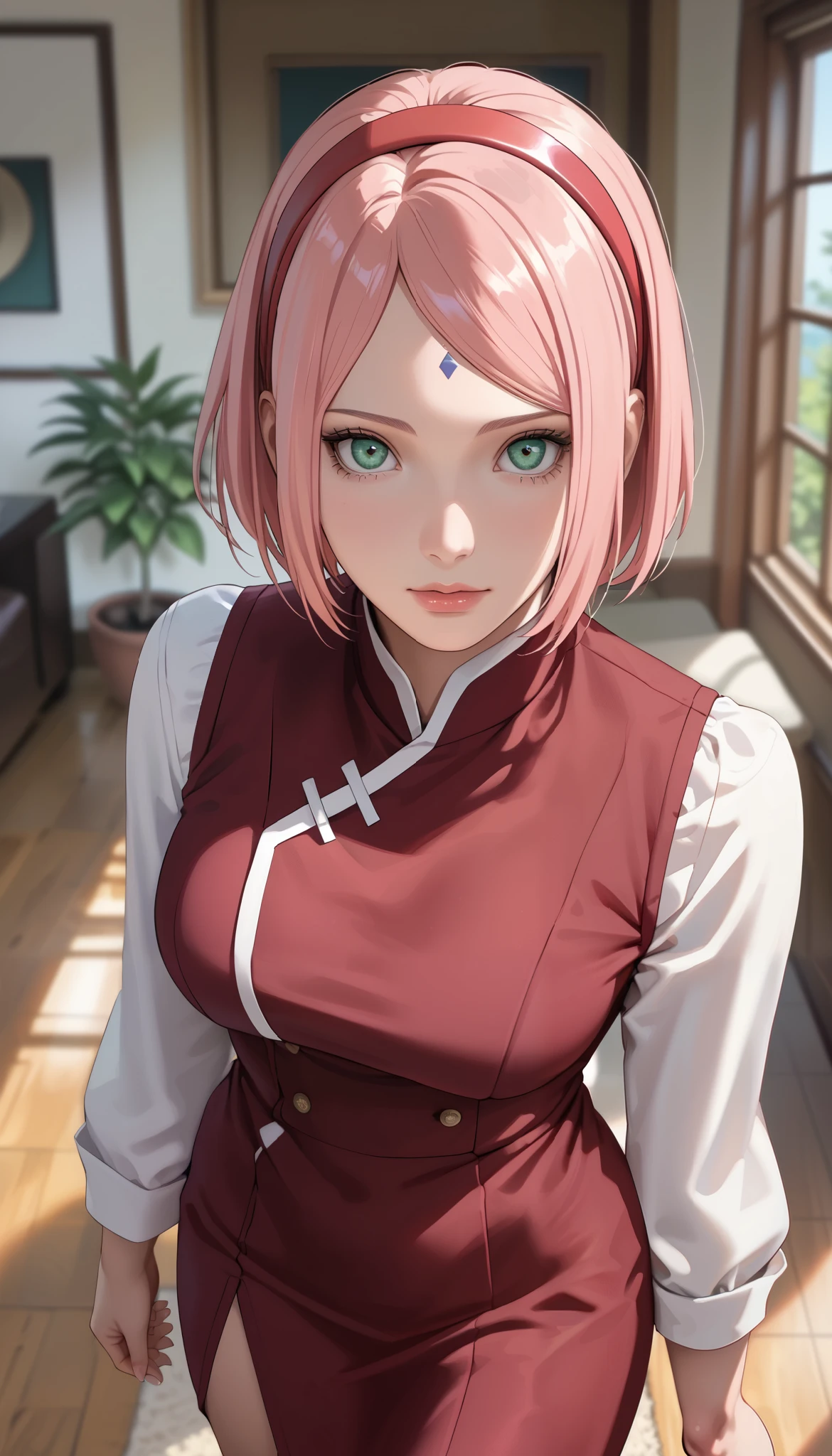 (masterpiece, best_quality:1.2), 1girl, solo, haruno sakura, pink hair, short hair, green eyes, forehead mark, hairband, (housewife:1.5, casual clothes, skirt, long sleeve), beautiful eyes, female focus, looking at viewer, large breast, wide hips, ((above view)) ((close up shot)) ((solo)) detailed, very high resolution, no blurry image, standing, beautiful, elegant, serene expression, intricate details, detailed background, indoors:1.3