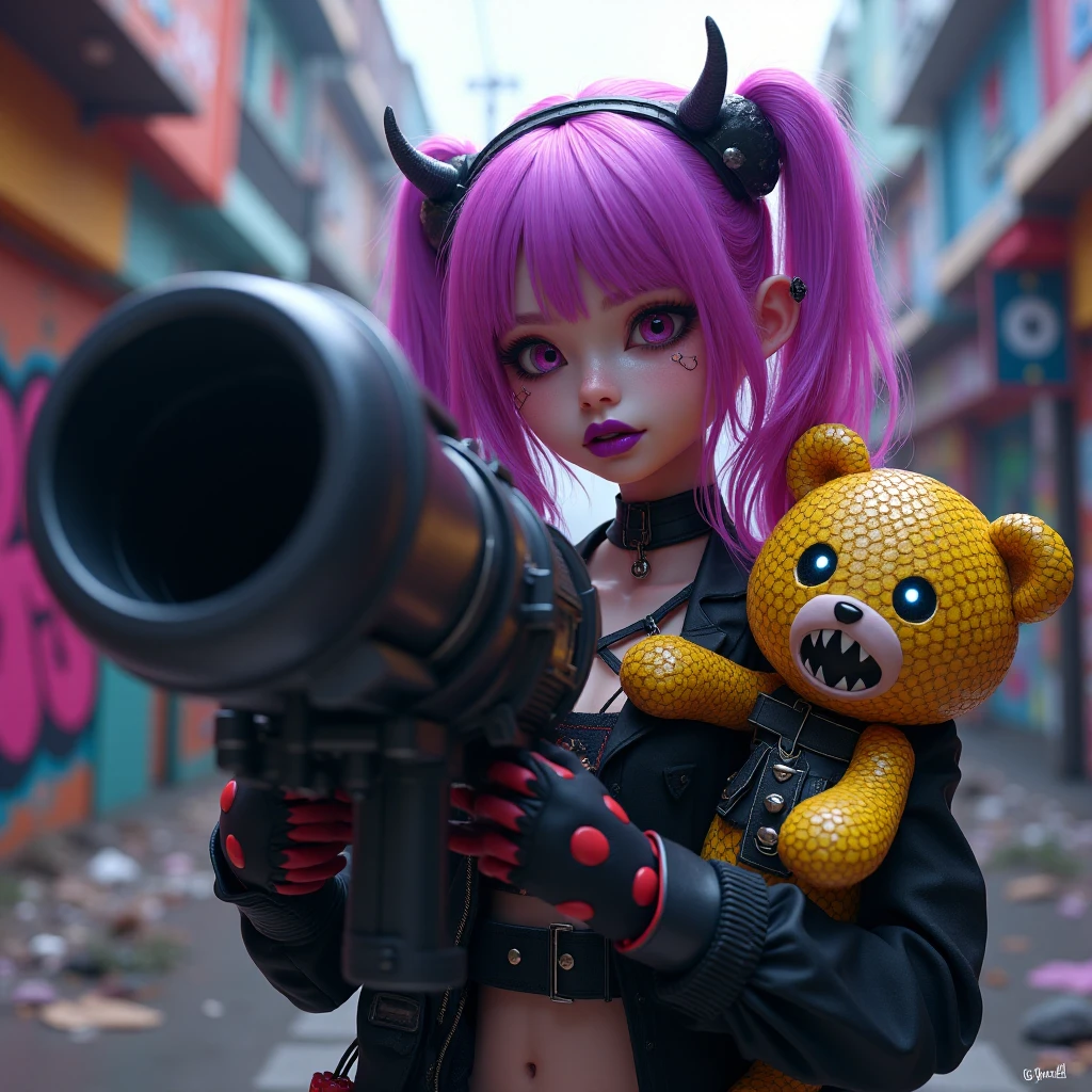 Generate an image of a charismatic, vibrant character with pinkish-purple hair. This character is often depicted toting an oversized, futuristic cannon and accompanied by a menacing stuffed teddy bear with glowing eyes. The character should have a devil-may-care expression, implying a carefree and rebellious attitude, and be wearing punk-inspired clothing. The setting is in a chaotic and colorful downtown cityscape, where vivid graffiti adorns the buildings and the air is thick with chaos.Woman, jellyfish, (feudal middle age:1.1), Slavic appearance, (long straight purple hair gradient pro red), (red eyes), (strong expression look), purple lipstick, fair skin, (black color gothic clothes with red details:1.1), yellow scales on the hands, cinematic lighting, mystical atmosphere, dynamic focus, ultra reality, ultra realistic, ultra quality, real, real texture:1.1, realistic clothes:1.1, 8k insaneres, absurd,