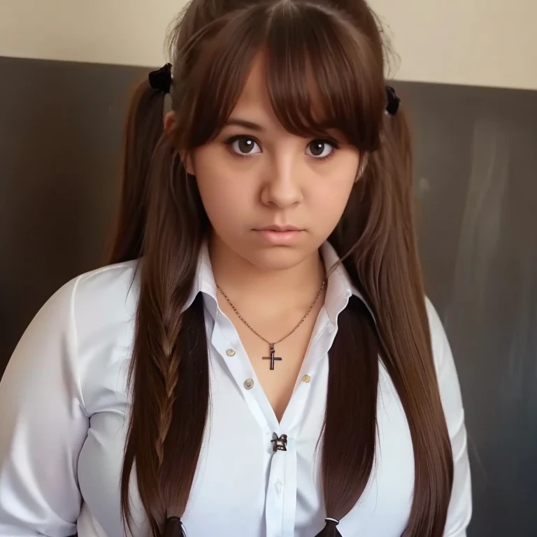 1 girl, fat, long hair, looking at viewer, brown hair, closed mouth, necklace, black eyes, lips, shirt, long sleeves, two pigtails, school uniform, white shirt, tie, collared shirt, parody, red tie, realistic