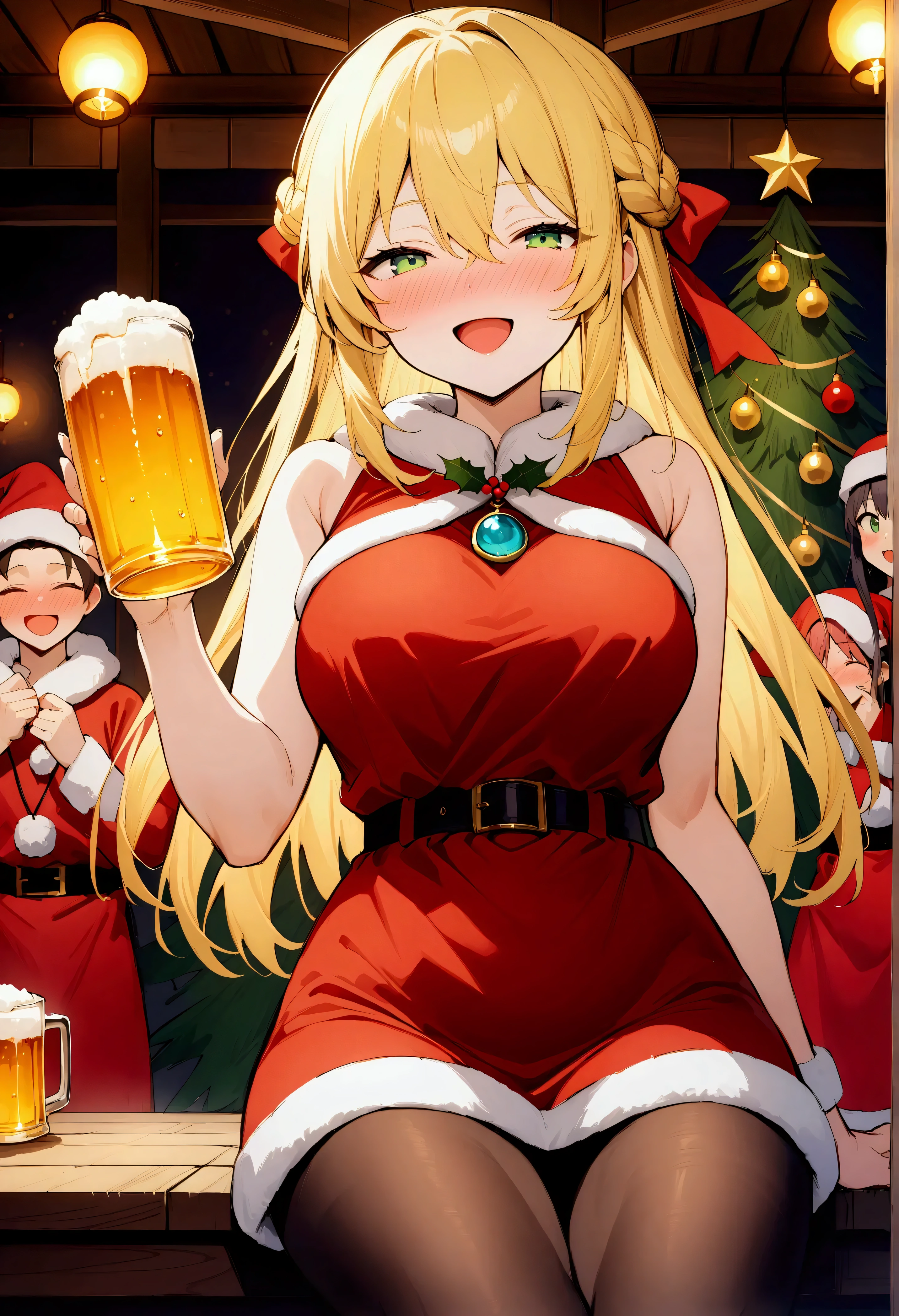 (masterpiece),(absurdres),(anime)、(santa costume:1.2)、( Christmas:1.1),cowboy shot,solo woman:1.1,(25-year-old),long hair:1.1,yellow hair:1.1,hair between eyes,french braid:0.9,(mega breast:0.9),(()),green eyes,(()),round sapphire pendant:0.8,(()),( sleeveless)、I have a drinking party with various people at an izakaya、 lantern light :1.3,( beer),smile,noseblush, pantyhose,open hand up,open mouth,sit on,Vibrant、half-closed eyes,