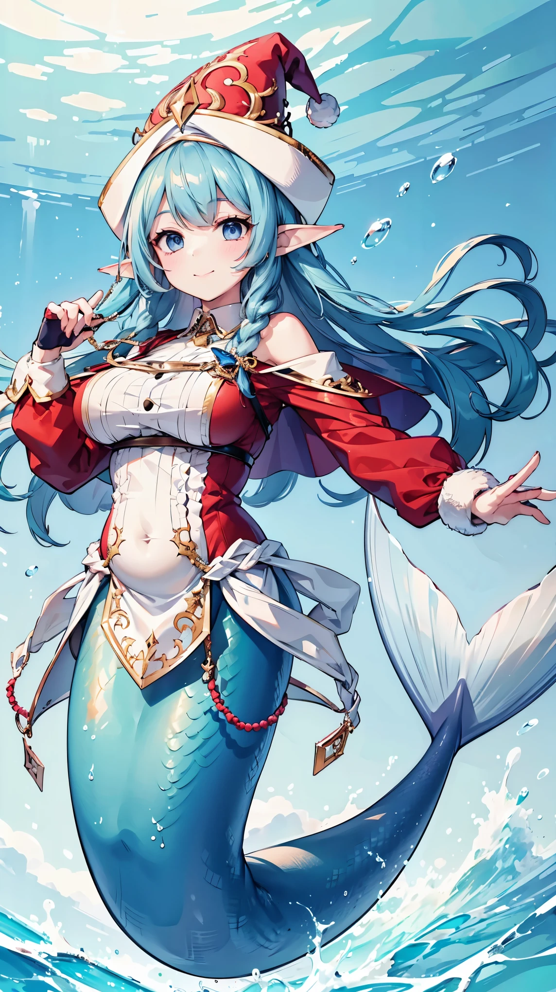 (masterpiece),  ( Best Quality ),(full five fingers ), a girl , enchantress, red jacket with white fur trim , long sleeve,  Santa hat ,Winter gloves ,Blue Hair , blue eyes,Elf ears, unique ,  Big Breasts ,Pregnant,Mermaid,蓝色的Mermaid尾巴,Fish scales, full-body photo ,charming face(Kawaii, charming,Soft), Smile,Shy,（Underwater:1.2）