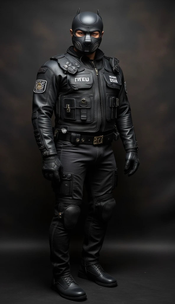 一個肌肉發達的成年男性的Full body image。 Men's Body Police Tactical Clothing Tactical Equipment Police Tactical Unit，PTU 黑色皮革Full body image、 mask and mask . Wearing Police Leather Jacket ， Leggings Leather suitable for covering the whole body 。  smooth leather 。   Dark Atmosphere 。 Low Light。  Faint light casts dramatic shadows 。  Strange otherworldly atmosphere 。  Another world city 。 Full body image。。 full-body photo 。 fantasy