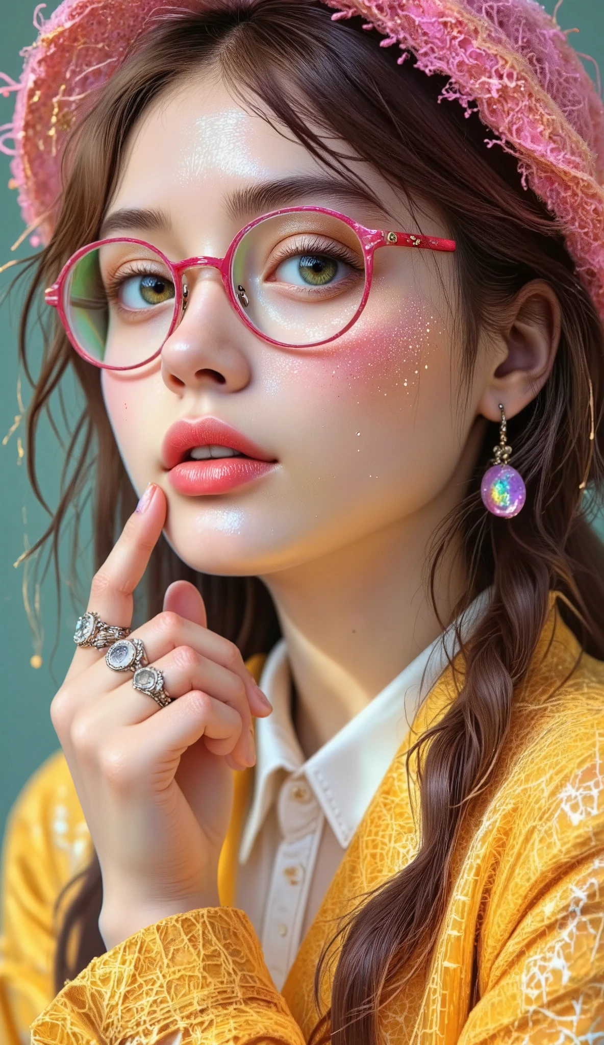  Close-up of a person wearing a hat with pink sequins and bright glasses and round colored glasses. He wears his index fingers close to his mouth,  Put your lips as if you were going to kiss painted with pink glitter   ,   on her fingers she wears rings she wears a yellow fur coat  ,  earrings with panda bears  ,   she wears disheveled bangs and two twin braids on the sides of her shoulders  ,   her eyes wide open beautiful and tender cyan she is European  , olive green background   .,   digital art inspired by Yanjun Cheng   , tumblr, arte digital,   beautiful art style  , Realistic kawaii portrait  ,  beautiful digital art , lindo colorido adorable,   work of art in the style of Guweiz  , Cute cartoon style ,  arte digital detallado y lindo  , guweiz,   realistic painting of a pretty girl   , linda girl cute  ,  Beautiful cartoon 