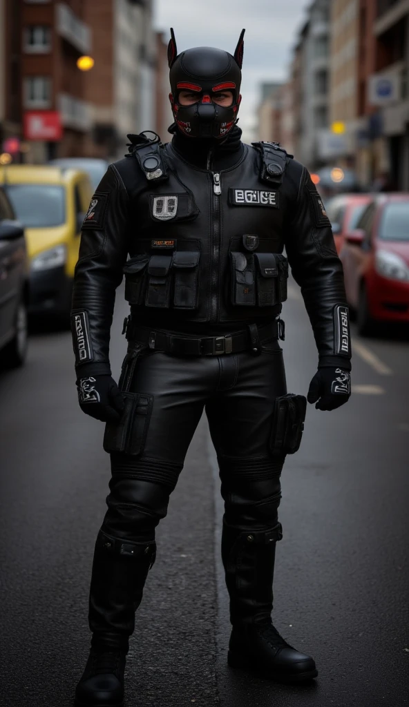 一個肌肉發達的成年男性的Full body image。 Men's Body Police Tactical Clothing Tactical Equipment Police Tactical Unit，PTU 黑色皮革Full body image、 mask and mask . Wearing Police Leather Jacket ， Leggings Leather suitable for covering the whole body 。  smooth leather 。   Dark Atmosphere 。 Low Light。  Faint light casts dramatic shadows 。  Strange otherworldly atmosphere 。  Another world city 。 Full body image。。 full-body photo 。 fantasy