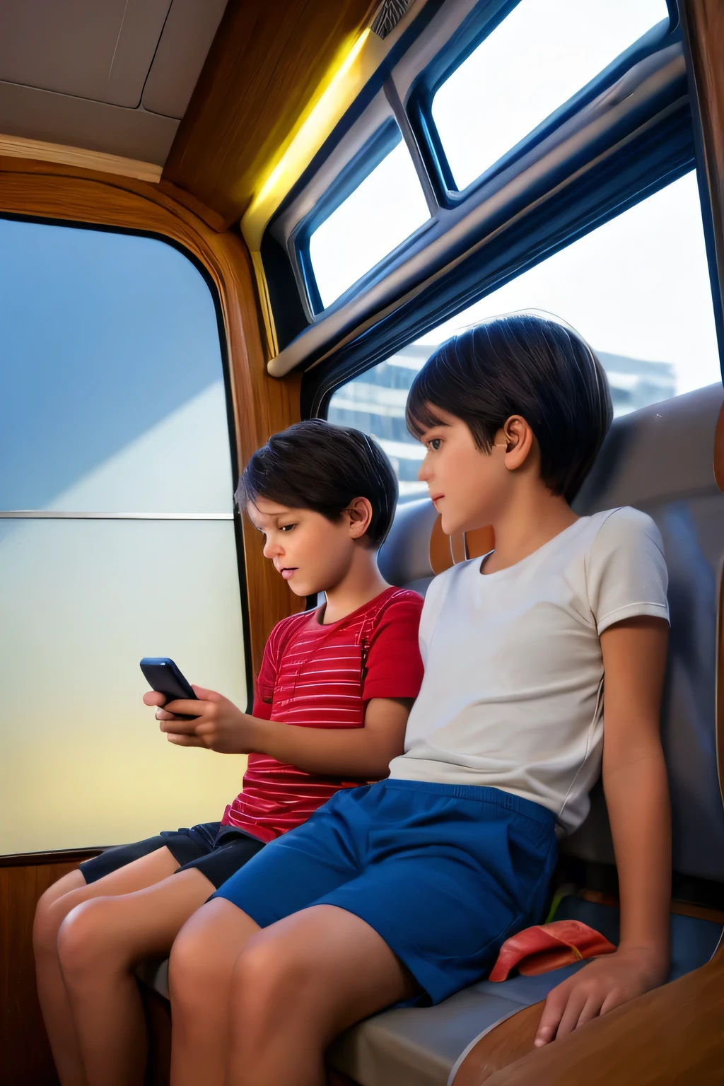 young boy sitting on his mom's lap using her phone, shorts, inside of a bus, brown hair, blue eyes, blushed cheeks, photo realistic, ultra detailed, soft lights, night time, city, 1boy, sitting on lap, cinematic lighting, glowing light, reflection light, backlighting, god rays, ray tracing, Hyperrealism, feet out of frame, sideways, lens flare, Realism, masterpiece, high quality, textured skin, highres, high details, best quality