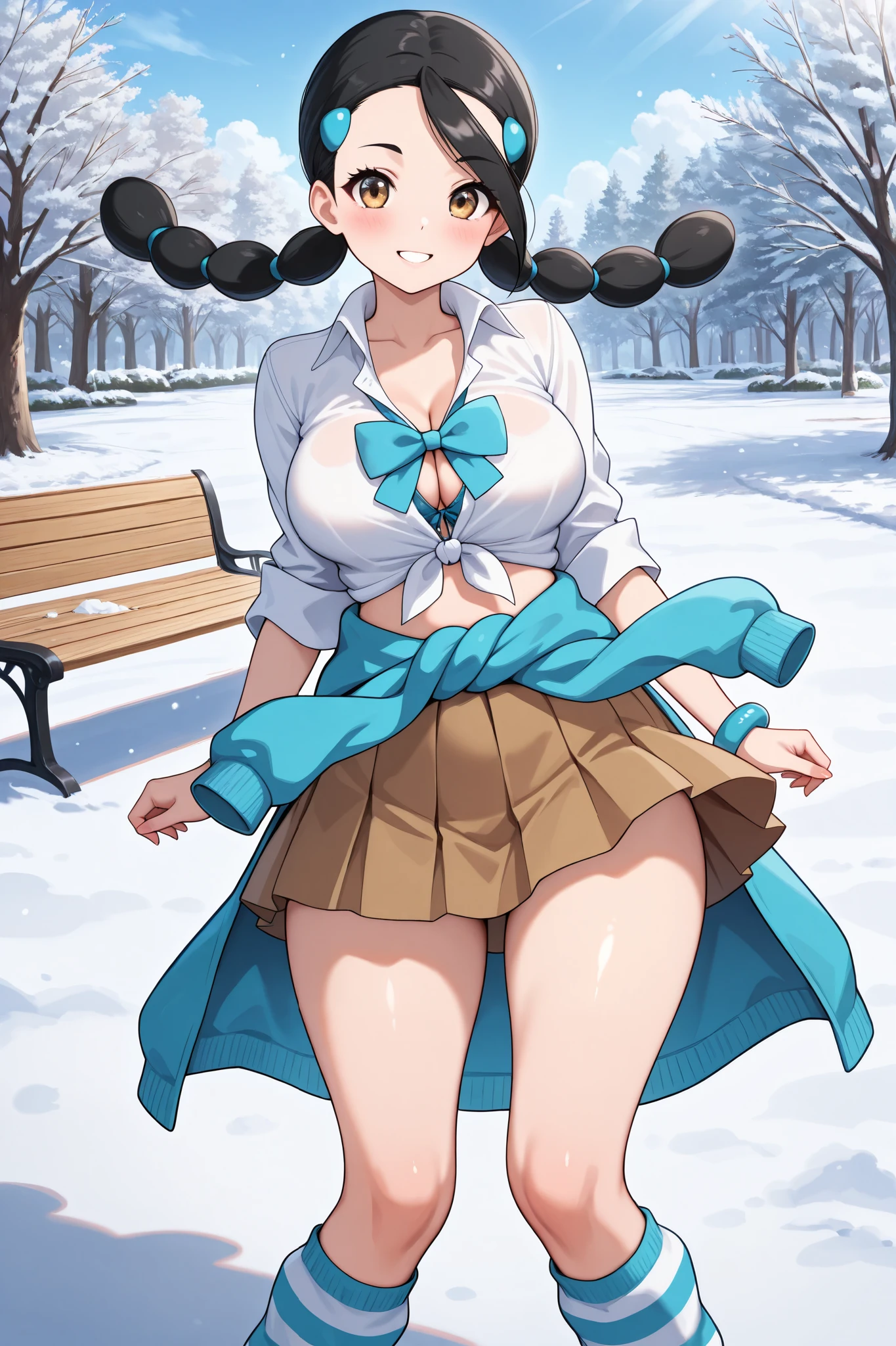 masterpiece,best quality,amazing quality, zzCandice, hair ornament, twintails,  hairclip, striped socks, bowtie,  sweater around waist, brown skirt, ice, snow, 
,cowboy shot, medium breasts, curvy, smile, 1girl, solo, looking at viewer, blush, parted lips, gyaru, front-tie top, pleated skirt, green skirt, white leg warmers, loose socks, loafers, clothes around waist, bracelet, curvy, voluptuous, large breasts, cleavage, midriff, outdoors, park, on bench background, dynamic pose,