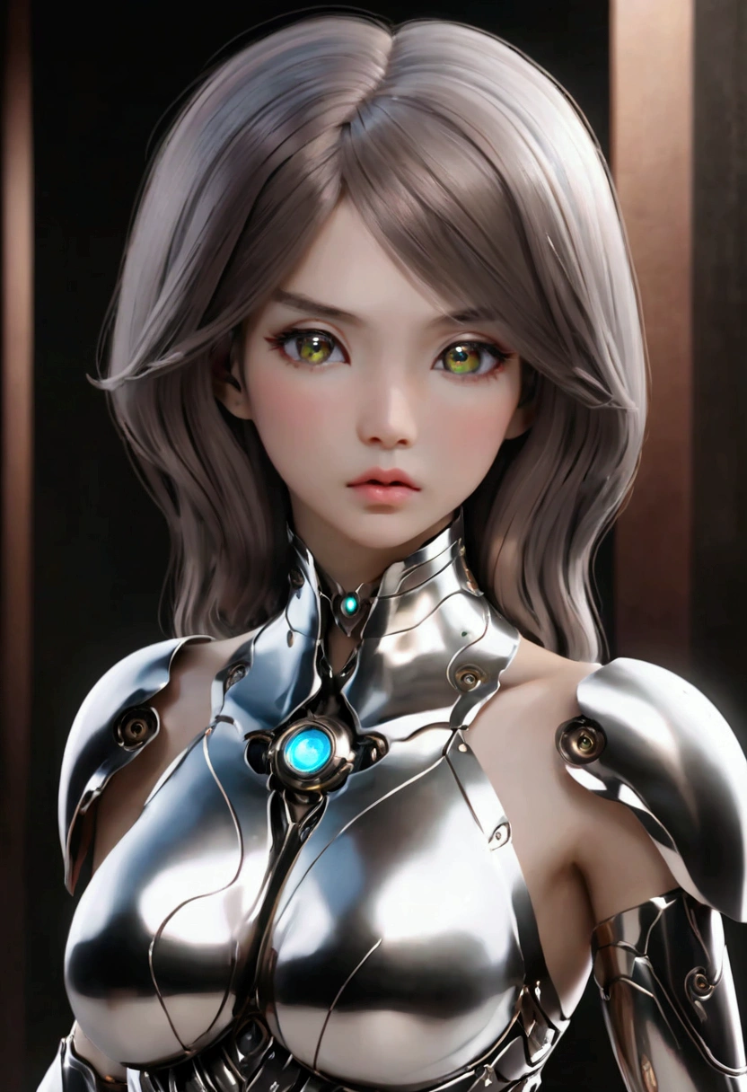  Best Quality , high detail, 4K, Human, girl, 安卓人Face(Metal), steel &  titanium alloy leather , Face(With Human Features), electronic eye( hard eyes ,  transparent pupils ), 1girl, Formal, perfect hands(5 fingers), wig(wig), Big ,  biochemical armor , full length, whole body,  masterpiece body ,