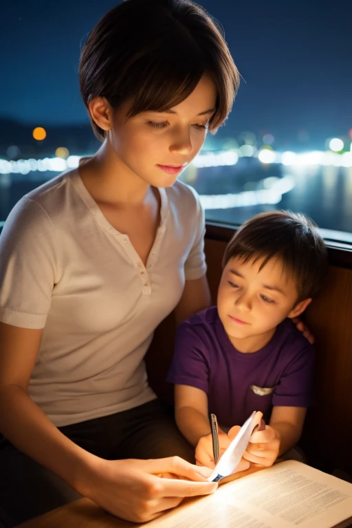 young boy sitting on his mom's lap using her phone, shorts, inside of a bus, brown hair, blue eyes, blushed cheeks, photo realistic, ultra detailed, soft lights, night time, city, 1boy, sitting on lap, cinematic lighting, glowing light, reflection light, backlighting, god rays, ray tracing, Hyperrealism, feet out of frame, sideways, lens flare, Realism, masterpiece, high quality, textured skin, highres, high details, best quality