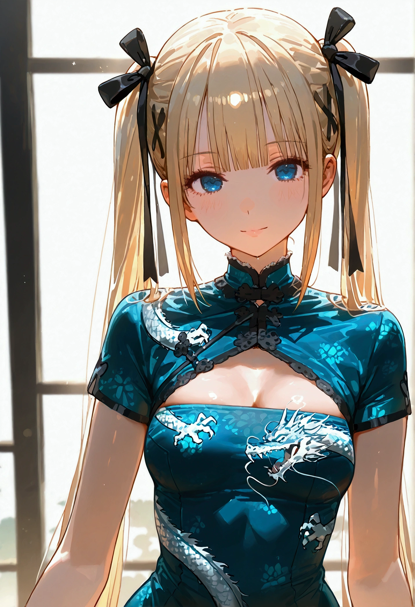 Marie rose, small breasts, one girl, blonde hair, Long Hair, twin tails, blunt bangs, blue eyes, black Chinese dress, satin, goth chic, white dragon print, tight, high neckline, short sleeves, studio background, wushu greeting