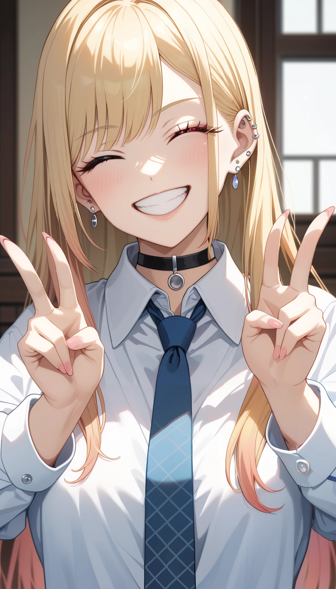 score_9, score_8_up, score_7_up, intricate details,
1girl, kitagawa marin, sono bisque doll wa koi wo suru, blonde hair, red eyes, ear piercing, barbell piercing, black choker, collared shirt, white shirt, earrings, blue necktie, wink, grin, double v gesture,
