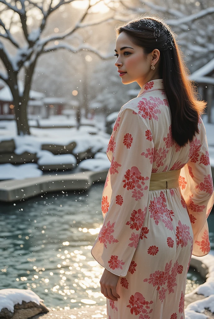  An award-winning analog photograph from the 70s of a beautiful woman Kristin Kreuk standing gracefully near the edge of a warm onsen during a tranquil Japanese winter.  She wears an elegant yucata with intricate cherry blossom patterns ,  cranes ,  and soft pink waves , , and gold.  Snowflakes fall gently around her ,  clinging to your flowing hair and Woven from her yukata ,  while her serene expression reflects quiet contemplation .

 The background presents a traditional onsen covered in snow ,  surrounded by smooth and tall stones ,  snow-covered pine trees .  The rising mist of hot water contrasts with the cold , Fresco,  as God's soft rays filter through the branches ,  casting a warm golden light on the scene .  The composition highlights her elegant shape ,  the intricate details of her yukata , And the serene ,  ethereal beauty of a snowy Japanese winter onsen .  The image has an analogical texture distinct from the 70s ,  conferring a nostalgic and timeless quality .