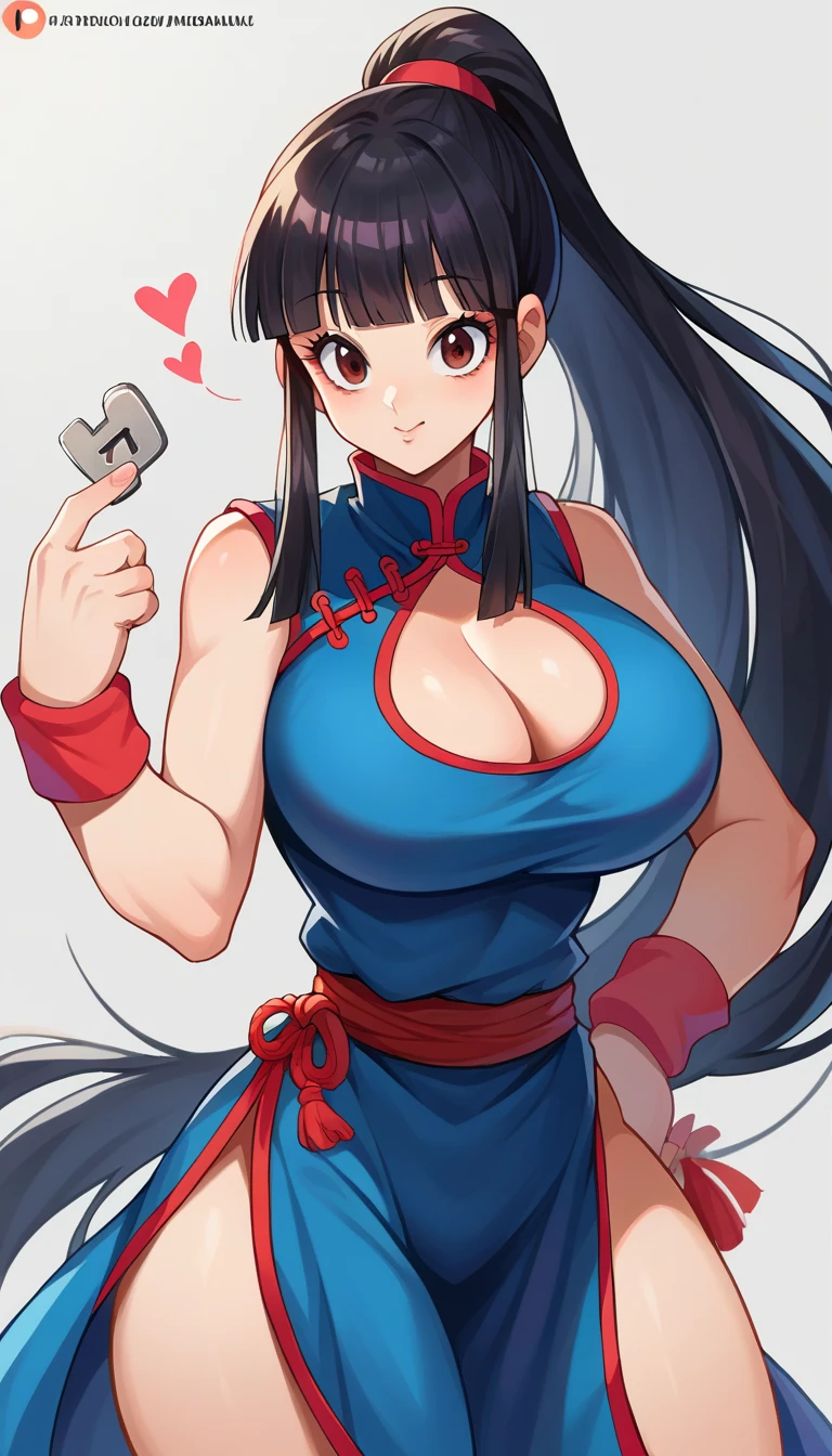 score_9, score_8_ up, score_7_ up,  Source_Anime, dragonballchichi, ,  dark eyes,  black hair,  long hair, hime cut, blunt bangs, side lock, Bare arms, blue  dress, china  dress, Chinese clothes,  dress, High collar, heart, underpants,  ponytail, red underpants, red band, red  wristband , band,  side slits,  sleeveless,  sleeveless  dress,  wristband , indoor, ,  viewers,  Dutch angle, The cowboy shot,  huge ass,  huge thighs , huge breasts, Body with big hips,  butt focus ,  cleavage,