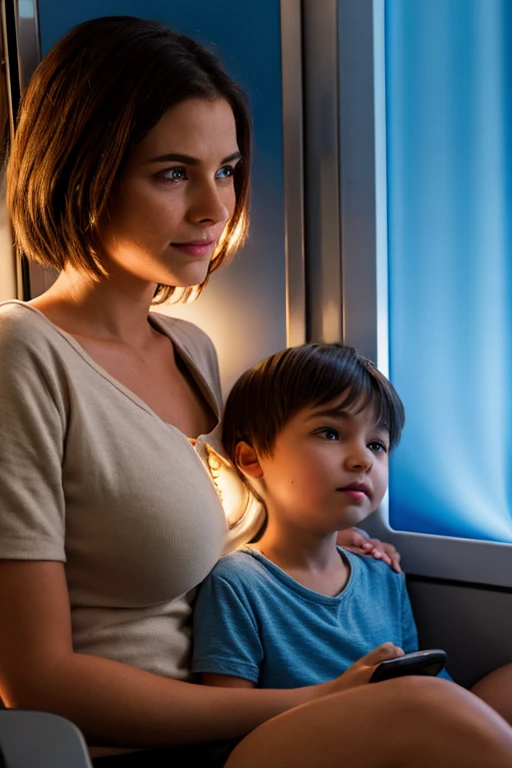 young boy sitting on his mom's lap using her phone, shorts, inside of a bus, brown hair, blue eyes, blushed cheeks, photo realistic, ultra detailed, soft lights, night time, city, 1boy, sitting on lap, cinematic lighting, glowing light, reflection light, backlighting, god rays, ray tracing, Hyperrealism, feet out of frame, sideways, lens flare, Realism, masterpiece, high quality, textured skin, highres, high details, best quality