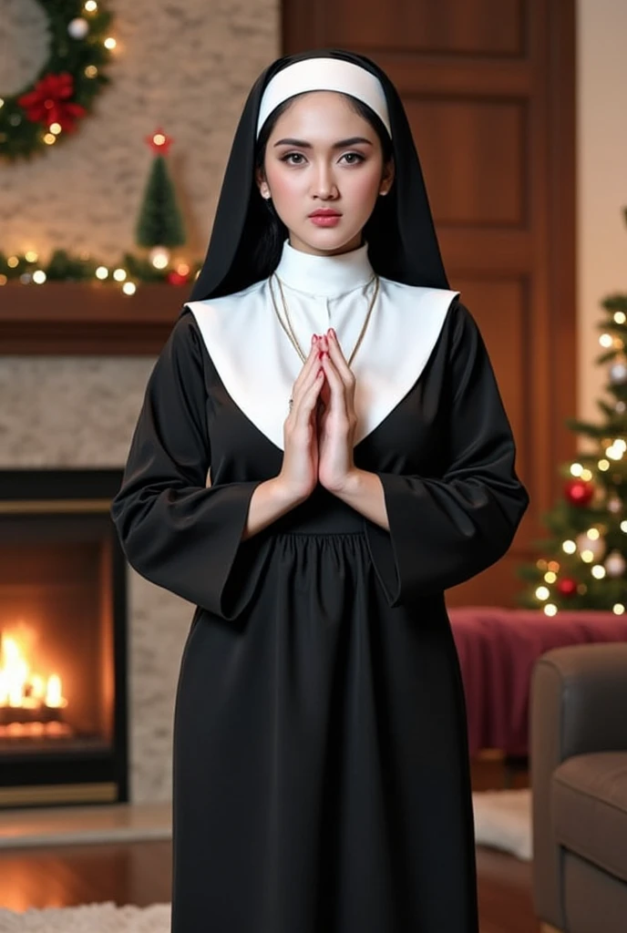 A beautiful indonesian woman, a bit chubby, big breasts, wearing catholic  nun clothes, standing Hands clasped in front of her chest praying namaste pose infront of christmas tree and fireplace with the christmas decoration. at the living room. Natural light, look at the viewer,  wide angle shot from side,