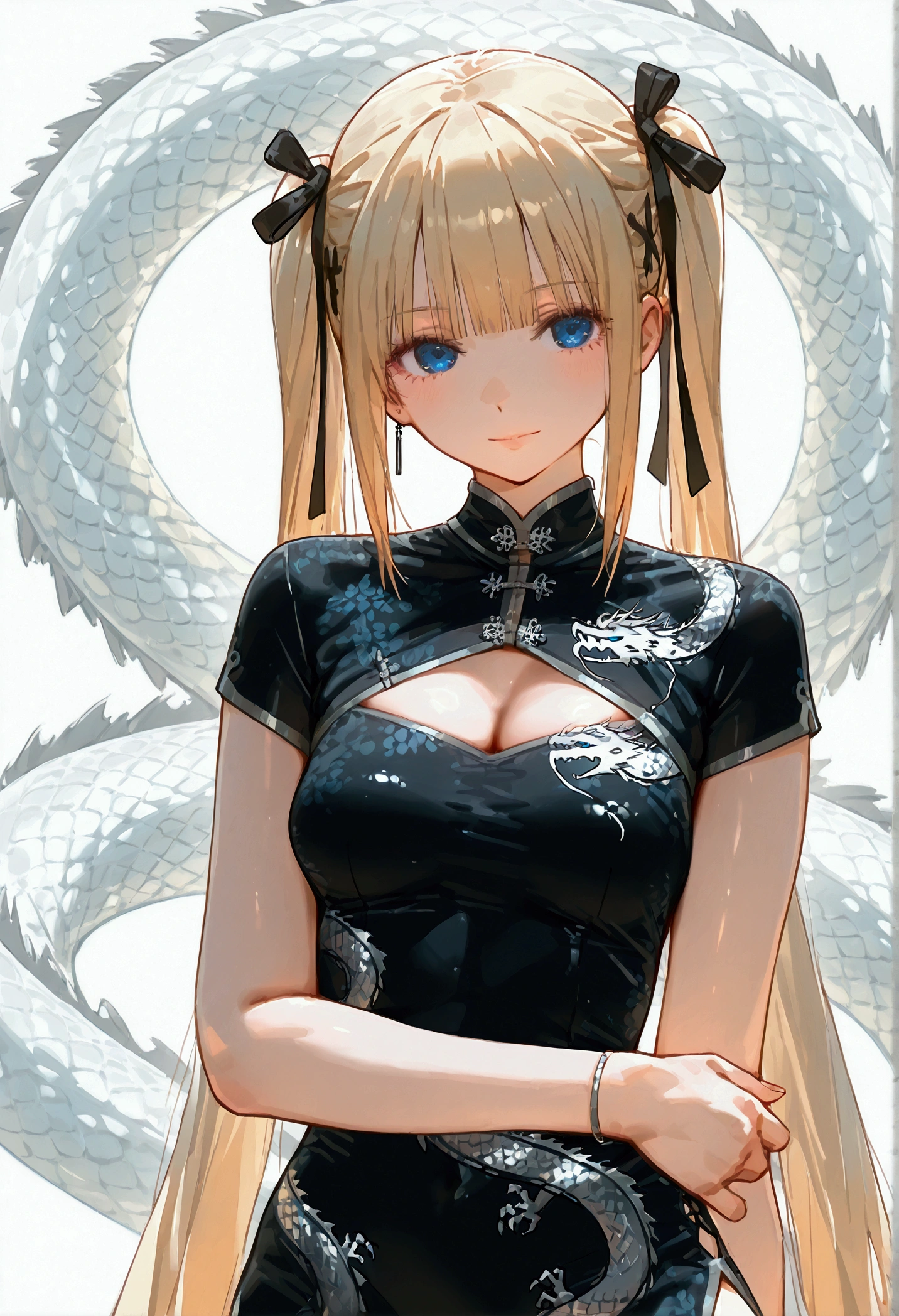 Marie rose, small breasts, one girl, blonde hair, Long Hair, twin tails, blunt bangs, blue eyes, black Chinese dress, satin, goth chic, white dragon print, tight, high neckline, short sleeves, studio background, wushu greeting, black dress color