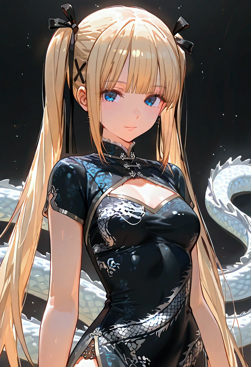 Marie rose, small breasts, one girl, blonde hair, Long Hair, twin tails, blunt bangs, blue eyes, black Chinese dress, satin, goth chic, white dragon print, tight, high neckline, short sleeves, studio background, wushu greeting, black dress color