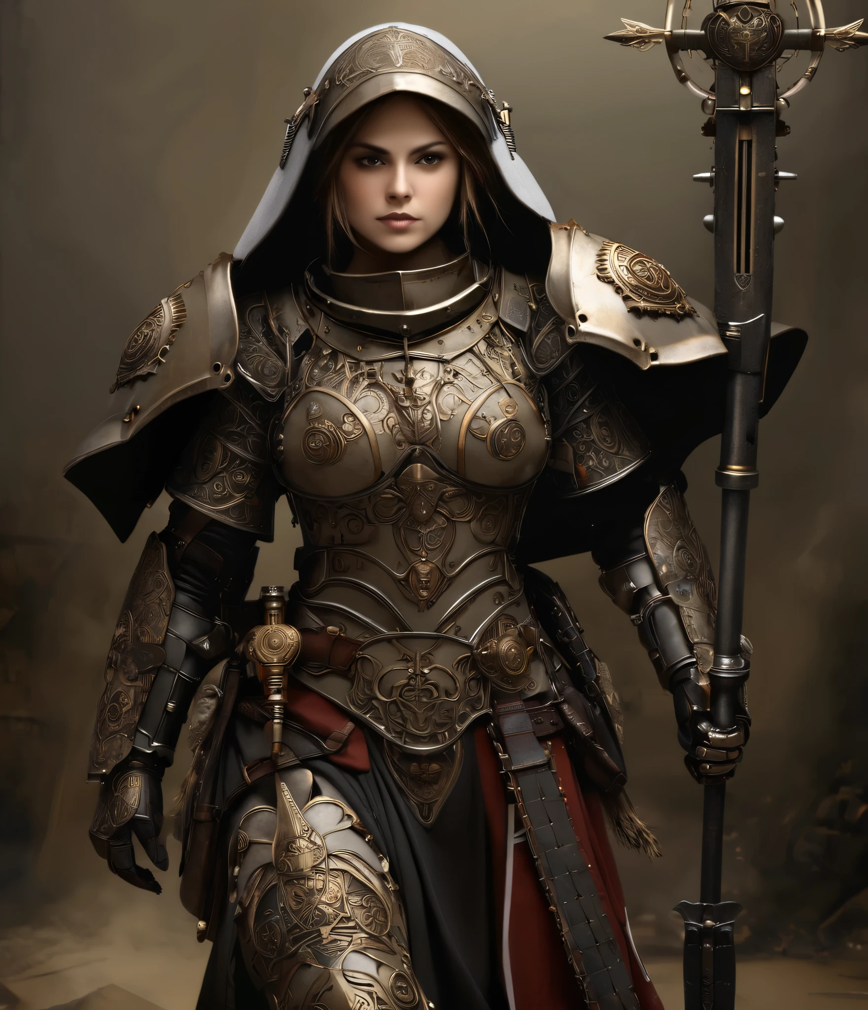 An extremely detailed hyper realistic photo depicting a woman who appears to be a mix between a nun and armored warrior and a wwi soldier wearing a fusion of medieval and wwi era armor with religious iconography and intricate scrollwork in metallic accents on the armor alongside religious filigree in a Warhammer 40k meets WWI asthetic. She wears an imposing black iron capirote that completely covers her face and is conical and sharp in a pyramid head motif, intricate metallic cuirass with purity seals akin to the armor of Warhammer as well as stunning filigree looking like a living saint depicted amongst a barren wasteland in a WWI trench warfare inspired scene. The figure stands in a menacing pose against a dark, misty background. She carried a massive wagon wheel on her back in a scene reminiscent of Jesus carrying the cross, likely as a religious motif. She is carrying a long polearm inspired by the Fallout series of games that appears to have a torpedo like bomb in place of where the blade would normally be, presumably meant to be used to slam into something before exploding as some kind of anti-armor poleaxe in a fusion of dystopian post apocalyptic and medieval and wwi era technology. The overall aesthetic is quite dark and gritty, with a weathered, battle-worn appearance to the armor and clothing. The color palette is predominantly browns and grays with touches of red and gold in the heraldic elements. The atmospheric background and lighting create a moody, somewhat ominous feeling to the piece. The color palatte is dominated by a military feldgrau with a weathered, muddy appearance which fits well with trench warfare conditions.