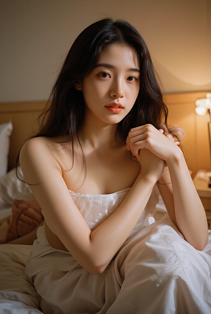 (realisticlying:1.5), offcial art, Unity 8k壁纸, ultra - detailed,Delicate detail skin,(Movie Angle),filmgrain,cinmatic lighting, tmasterpiece,best qualityer,A picture,
(Dark interior),Dark environment,table light,
1girll,(looking at viewert),(glomy),Blushlush,(elvish ears),hands behind body,((messy hair)),(redheadwear),bare shoulders,flatchest,Shoulder,(Lace women's pajamas),Saggy clothes,duck sitting,Beth,Moist,Sweat,sentimental,