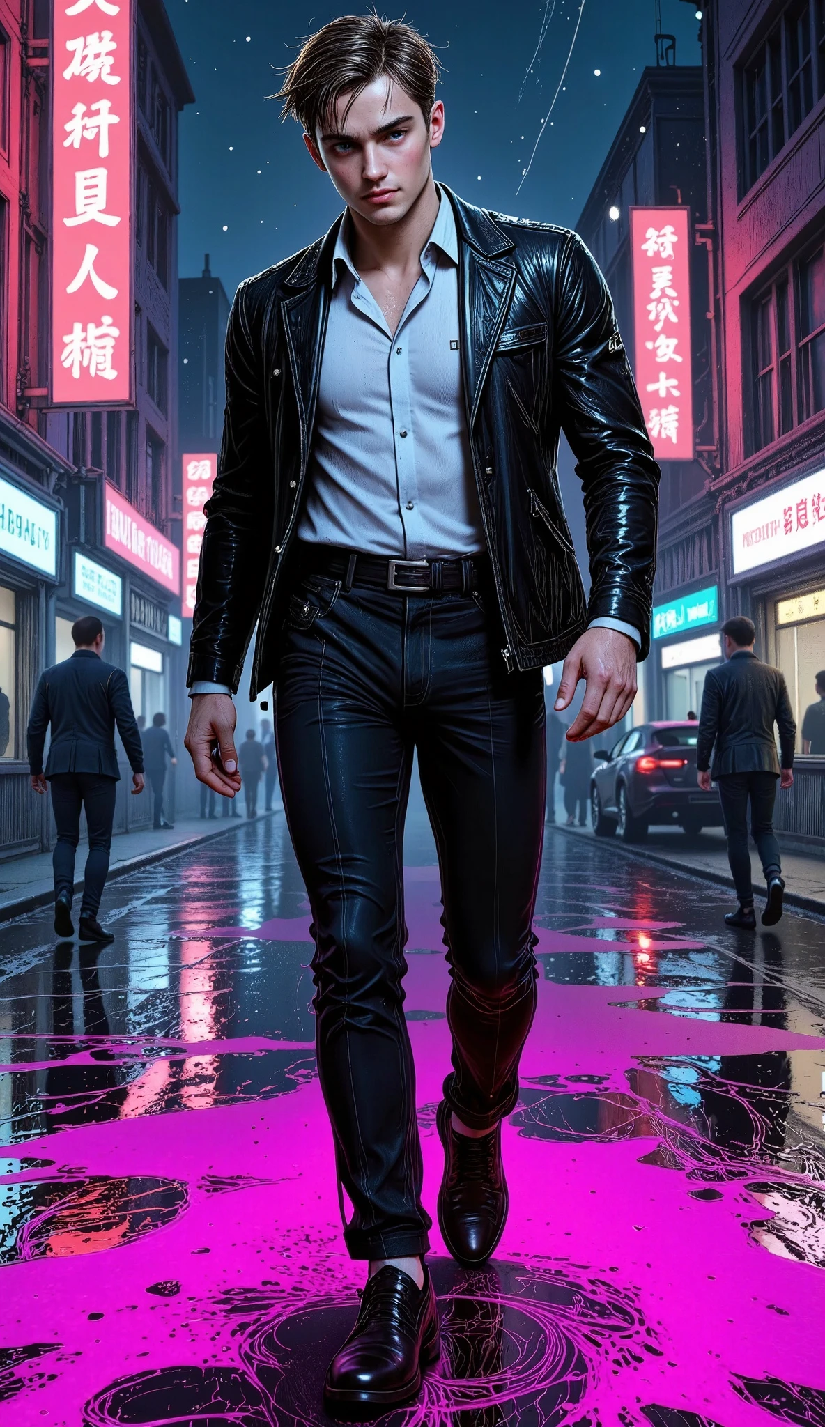 ( masterpiece,  better quality,  High resolution,  32k ,  extremely detailed CG :1), ( unity wallpaper faint illustration on stage :1.0), ((1 handsome young man:1.55 by Cyberpunk :1. 5 dancing in the rain :1.54 )),(( Cyberpunk Night City:1.4)),  neon signs futuristic cars ,dark place rain, (( wet clothes magenta neon lights that illuminate the young man perfectly:1.45) . 32k