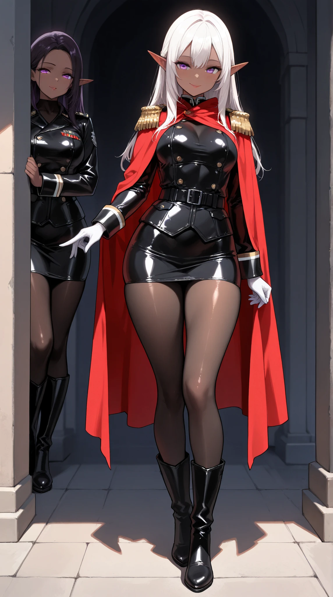  Young Beautiful Dark Elf Women ,(masterpiece, top quality , very detailed depiction, incredibly absurd high definition ,Curvaceous Body),(female cavalry officer , black latex military uniform with epaulettes, tight skirt , red cloak:1.3, bodystocking , black tights, boots),( brown skin next to a woman:1.3, purple eyes, half-closed eyes,Glossy lipstick, slender figure,Beautiful legs,Beautiful thighs,High quality skin),( bewitching smile,Seductive gestures,Black latex military uniform with large bells ), full body image ,Dim atmosphere,Illuminated by light