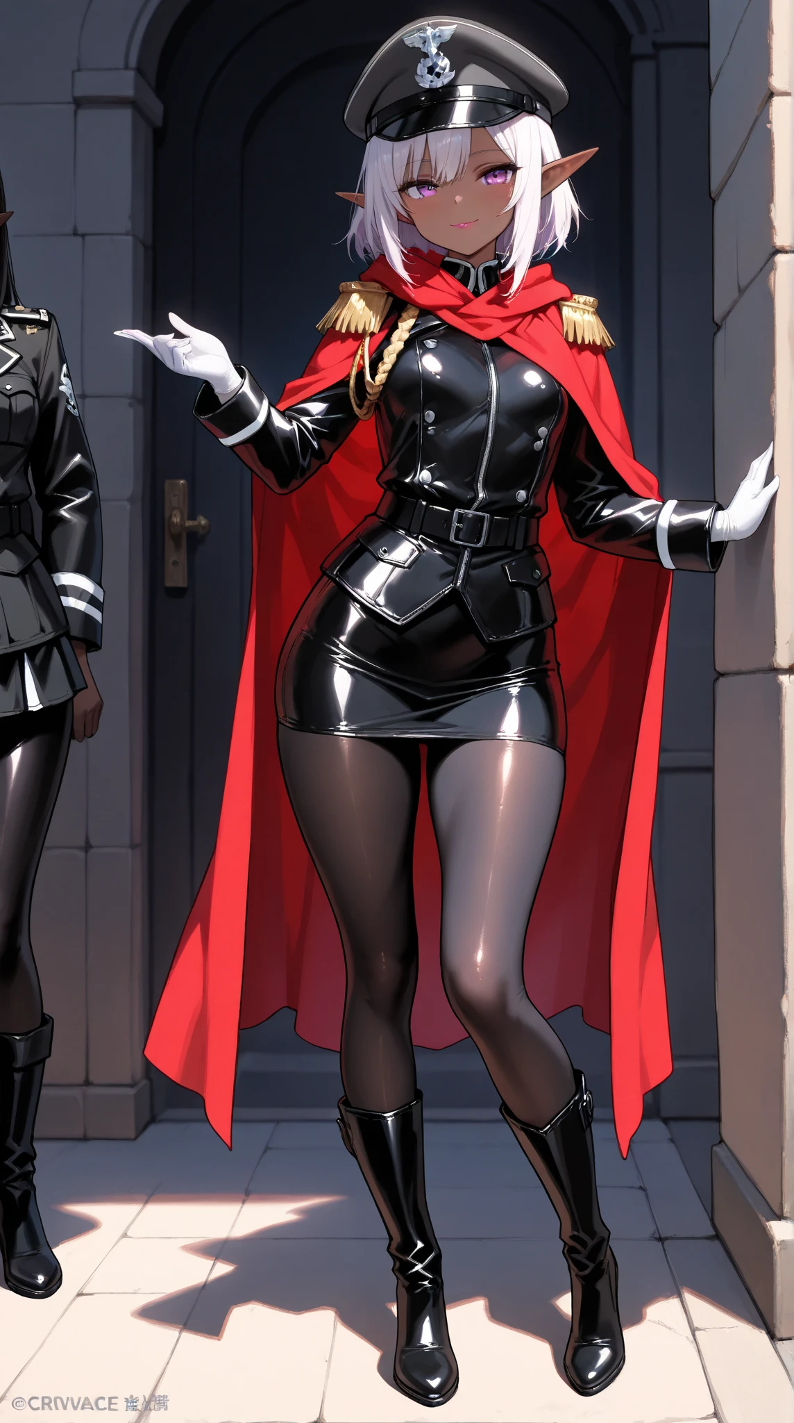  Young Beautiful Dark Elf Women ,(masterpiece, top quality , very detailed depiction, incredibly absurd high definition ,Curvaceous Body),(female cavalry officer , black latex military uniform with epaulettes, tight skirt , red cloak:1.3, bodystocking , black tights, boots),( brown skin next to a woman:1.3, purple eyes, half-closed eyes,Glossy lipstick, slender figure,Beautiful legs,Beautiful thighs,High quality skin),( bewitching smile,Seductive gestures,Black latex military uniform with large bells ), full body image ,Dim atmosphere,Illuminated by light