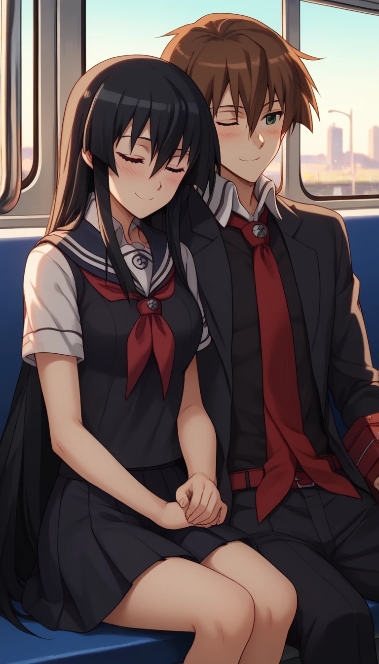 leaning on person side-by-side, sitting, hetero, sleeping, couple, train interior, leaning on person,1girl, akame, long hair, black hair, red eyes, hair between eyes,school uniform, wearing a navy blue sailor uniform with a red ribbon, smile, blush, closed eyes,1boy,tatsumi_akame_ga_kill, brown hair, green eyes, short hair, hair between eyes