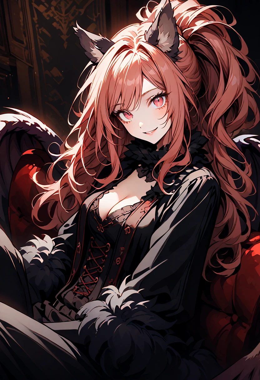 solo, close up, female, red eyes, light red hair, long wavy hair, ponytail, neat straight hair, ManticoreMGE, monster girl, prehensile tail, animal ears, fur, wings, claws, victorian, young, sitting on couch, looking up at viewer, casual clothes, from side, wide smile, indoors, wide open eyes, head tilt, excited, tomboy, tight clothes, playful, energetic, sunny, indoors, cleavage, large breasts