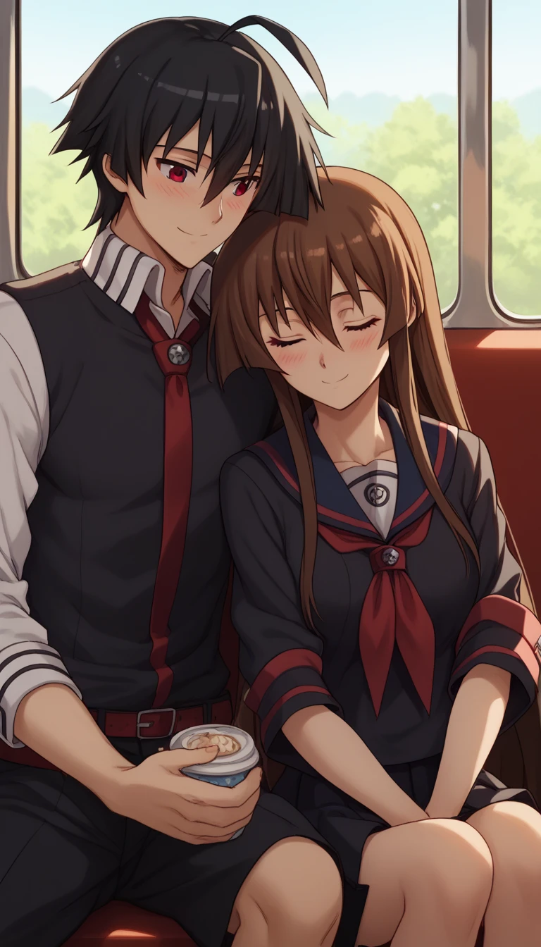 leaning on person side-by-side, sitting, hetero, sleeping, couple, train interior, leaning on person,1girl, akame, long hair, black hair, red eyes, hair between eyes,school uniform, wearing a navy blue sailor uniform with a red ribbon, smile, blush, closed eyes,1boy,tatsumi_akame_ga_kill, brown hair, green eyes, short hair, hair between eyes, ahoge