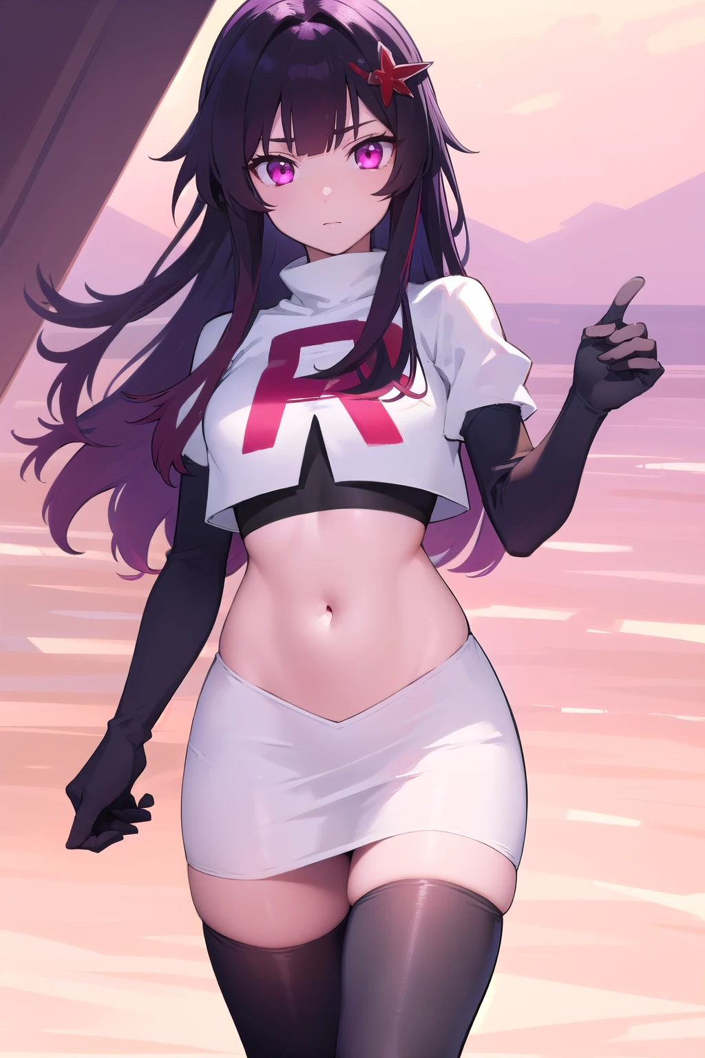 honkaisparkle, black hair, colored inner hair, glasses, hair intakes, hair ornament, hairclip, long hair, multicolored hair, (pink eyes:1.3), purple hair, straight hair,
BREAK team rocket,team rocket uniform,white skirt,red letter R,crop top,black thigh-highs,black elbow gloves,
BREAK looking at viewer, cowboy shot,
BREAK (masterpiece:1.2), best quality, high resolution, unity 8k wallpaper, (illustration:0.8), (beautiful detailed eyes:1.6), extremely detailed face, perfect lighting, extremely detailed CG, (perfect hands, perfect ),