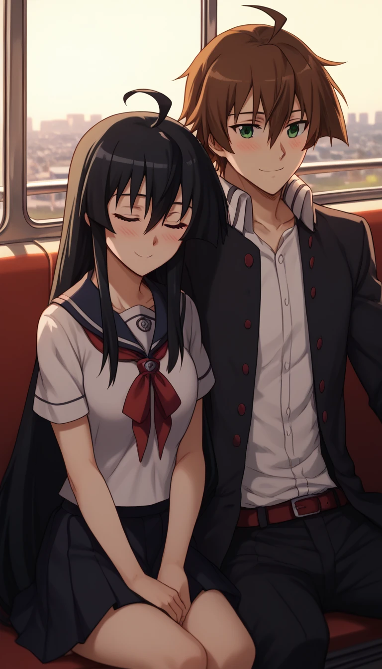 leaning on person side-by-side, sitting, hetero, sleeping, couple, train interior, leaning on person,1girl, akame, long hair, black hair, red eyes, hair between eyes,school uniform, wearing a navy blue sailor uniform with a red ribbon, smile, blush, closed eyes,1boy,tatsumi_akame_ga_kill, brown hair, green eyes, short hair, hair between eyes, ahoge