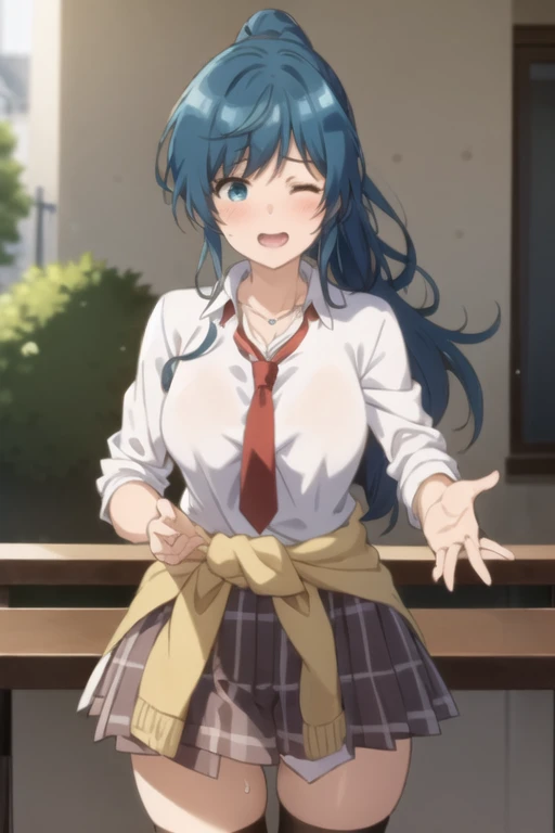 best quality, (masterpiece:1.2), detailed,
1girl, solo, smile, open mouth, light blush,
blue hair, blue eyes, wink, one eye closed, long hair, ponytail,
school uniform, white shirt, red tie, pleated skirt, sweater around waist,
standing, outstretched hand, looking at the viewer,
outdoors, nightbest quality, (masterpiece:1.2), detailed, 1girl, solo, smile, open mouth, light blush, blue hair, blue eyes, wink, one eye closed, long hair, ponytail, school uniform, white shirt, red tie, pleated skirt, sweater around waist, standing, outstretched hand, looking at the viewer, outdoors, nightnaked, nude, naked medium breasts, moist pussy, fishnet stockings, elbow gloves, earrings, necklaces, pierced navel, blush, embarrassed, tied up in christmas ribbons, playboy bunny ears, bound legs, 1woman 1man, vaginal sex on poker table, female orgasm, mouth open