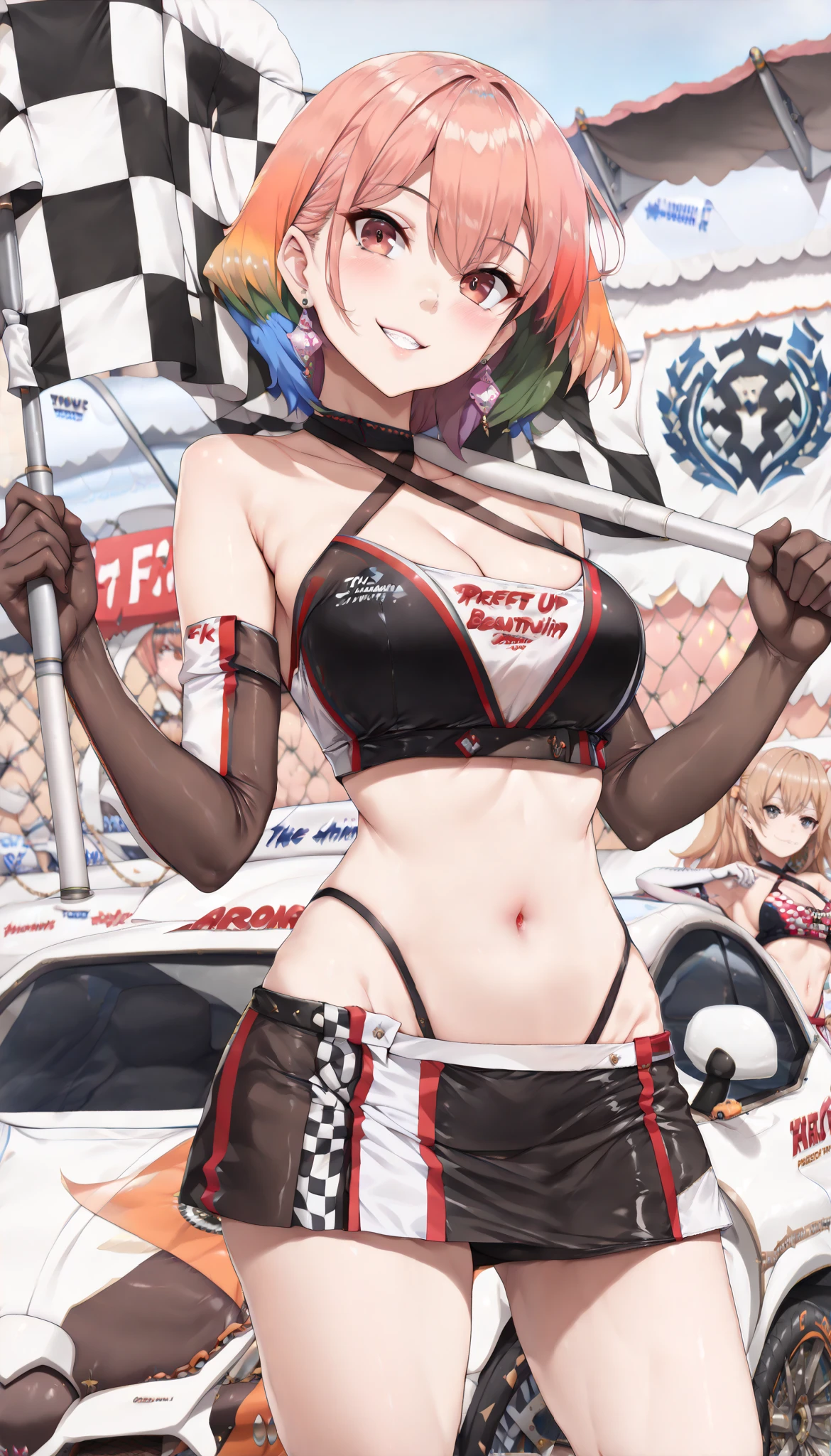 best quality, masterpiece, extremely detailed CG, official art , professional lighting, detailed background, sakimiyairuka, red hair, green eyes, one side up, medium hair, green scrunchie, hair ornament, gleaming skin, big breasts, (playboy bunny, black pantyhose, bowtie, wrist cuffs)