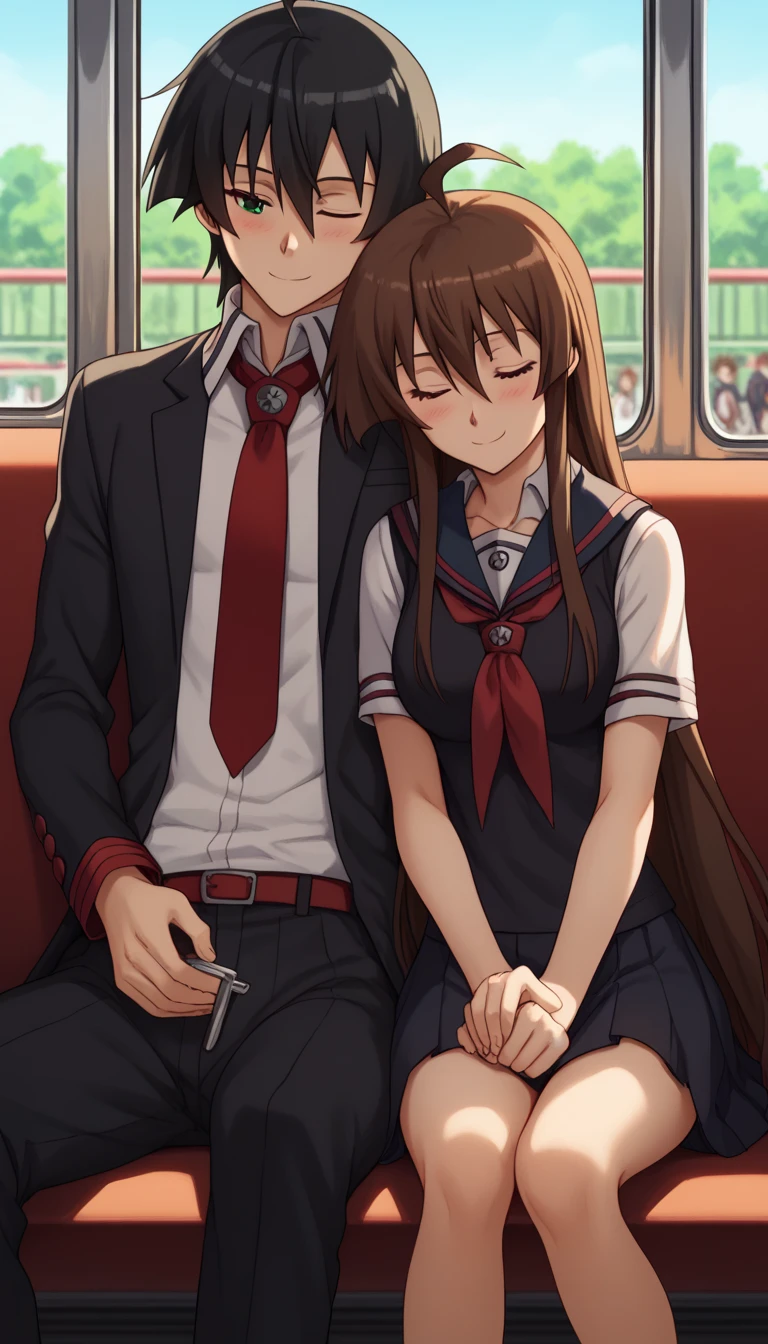 leaning on person side-by-side, sitting, hetero, sleeping, couple, train interior, leaning on person,1girl, akame, long hair, black hair, red eyes, hair between eyes,school uniform, wearing a navy blue sailor uniform with a red ribbon, smile, blush, closed eyes,1boy,tatsumi_akame_ga_kill, brown hair, green eyes, short hair, hair between eyes, ahoge