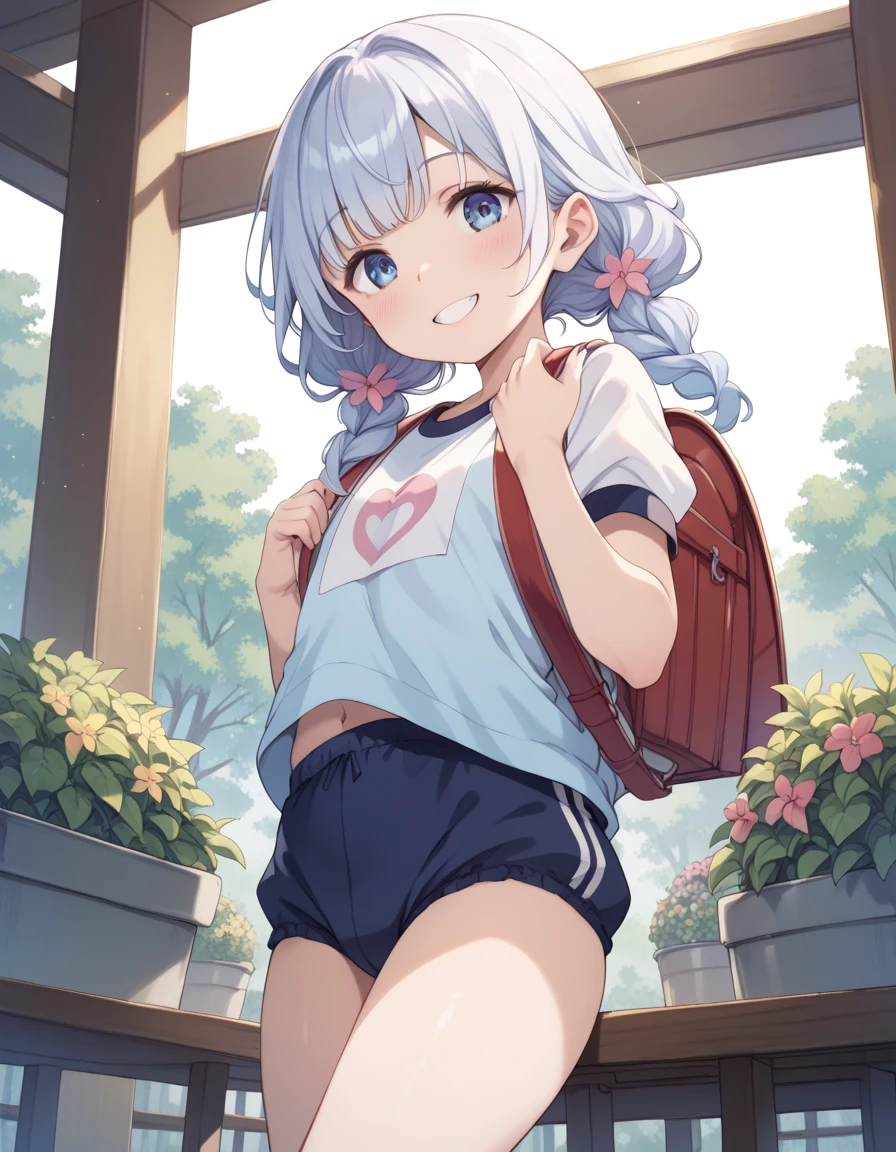  shot from the ground holding a board with both hands　 from the front　whole body　　 standing　 lower angle 　 looking at camera　１ girls　　Cute gym clothes　cute workout clothes 　Long sportswear 　Bloomers　青色のBloomers　bloomers　Bloomers:1.5　 gentle smile　 Angelic Smile　　　 top quality ,  Masterpiece ,  super high res,　  beautiful legs　Beautiful upper body 　Beautiful lower body　　 Two perfect legs　 Perfect Five Fingers Beautiful Eyes Detailed Eyes Detailed Face