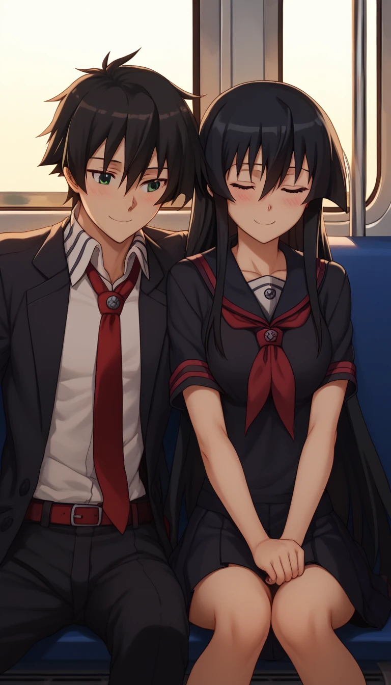 leaning on person side-by-side, sitting, hetero, sleeping, couple, train interior, leaning on person,1girl, akame, long hair, black hair, red eyes, hair between eyes,school uniform, wearing a navy blue sailor uniform with a red ribbon, smile, blush, closed eyes,1boy,tatsumi_akame_ga_kill, brown hair, green eyes, short hair, hair between eyes