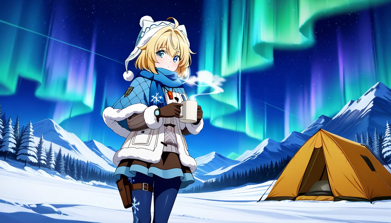 score_9, score_8_up, score_7_up, 1girl, anime screencap, anime coloring,  LynxLandau, solo, blonde hair, short hair, ahoge, blue eyes,  fur-trimmed blue capelet, scarf, winter clothes, sweater, fur trim, white vest, blue pantyhose, wristwatch, black elbow gloves, long sleeves, hat, pendant, whistle, snowflake print, thigh_holster, mug with hot tea in hand, steam trail from mug, looking at viewer, tent, siting inside tent, tent background, snowy mountains. night, starry sky, aurora