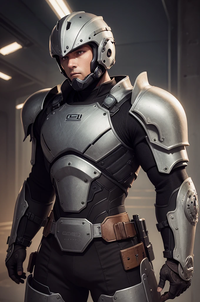 1 officer 22 years old handsome muscular blond, starship armor, solo, realistic, gloves, armor, shoulder patch, body armor, military, helmet, holding a weapon, hungry click