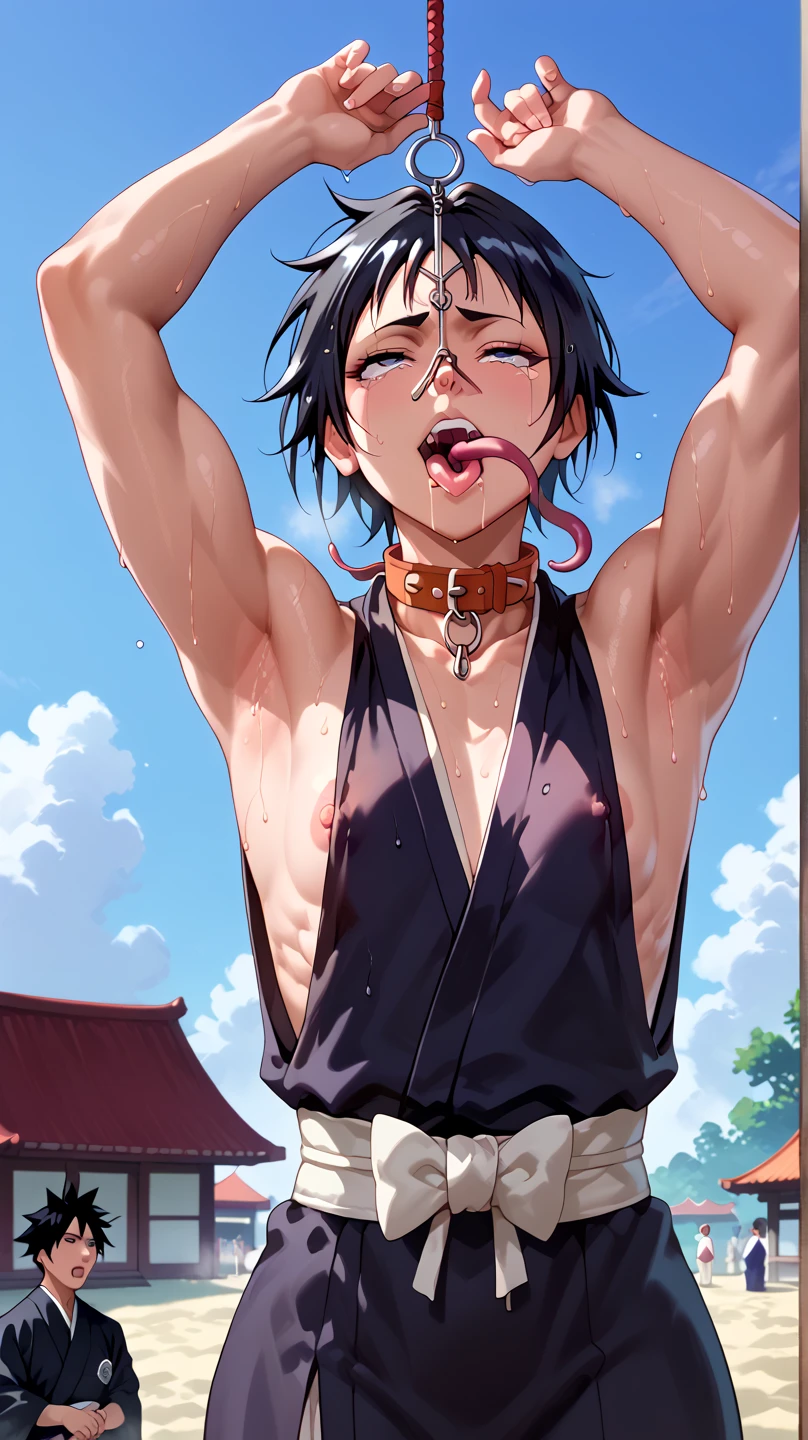 a picture, inspired by Kentaro Miura, trending on pixiv, soifon from bleach, black uniform, favorite scene, fine details, skins, sweating, small breasts, both hands raised, armpits, (small head),armpits visible, dripping with sweat, more more sweat, ((Japanese clothes)),open mouth,rolling eyes,muscle,kneel down,open legs,For the audience, (muscle:1.2),Looking at the audience, tired, (small breasts),sexy body,perfect body,(drooling), tears, head wet, runny nose, black hair, (dog collar) ,transparent nose hook, tentacle in mouth. 