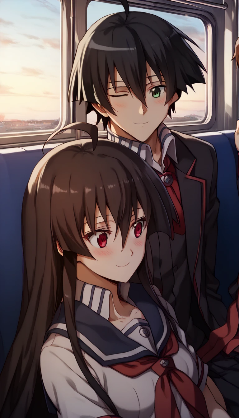 leaning on person side-by-side, sitting, hetero, sleeping, couple, train interior, leaning on person,(((1girl, akame, long hair, black hair, red eyes, hair between eyes,school uniform, wearing a navy blue sailor uniform with a red ribbon))), smile, blush, closed eyes,(((1boy,tatsumi_akame_ga_kill, brown hair, green eyes, short hair, hair between eyes, ahoge)))