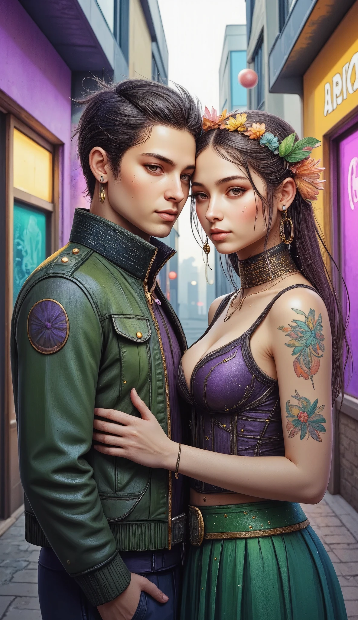 Background change, cyberpunk handsome boyfriend and girlfriend,((8K)),  realistic face , Leather clothing, various colors, Ear ornaments and tattoos, modern hairstyles and shiny hair, corridor with cyberpunk businesses, Dark,  at night, neon lights, iluminar a los novioscon neon lights. 