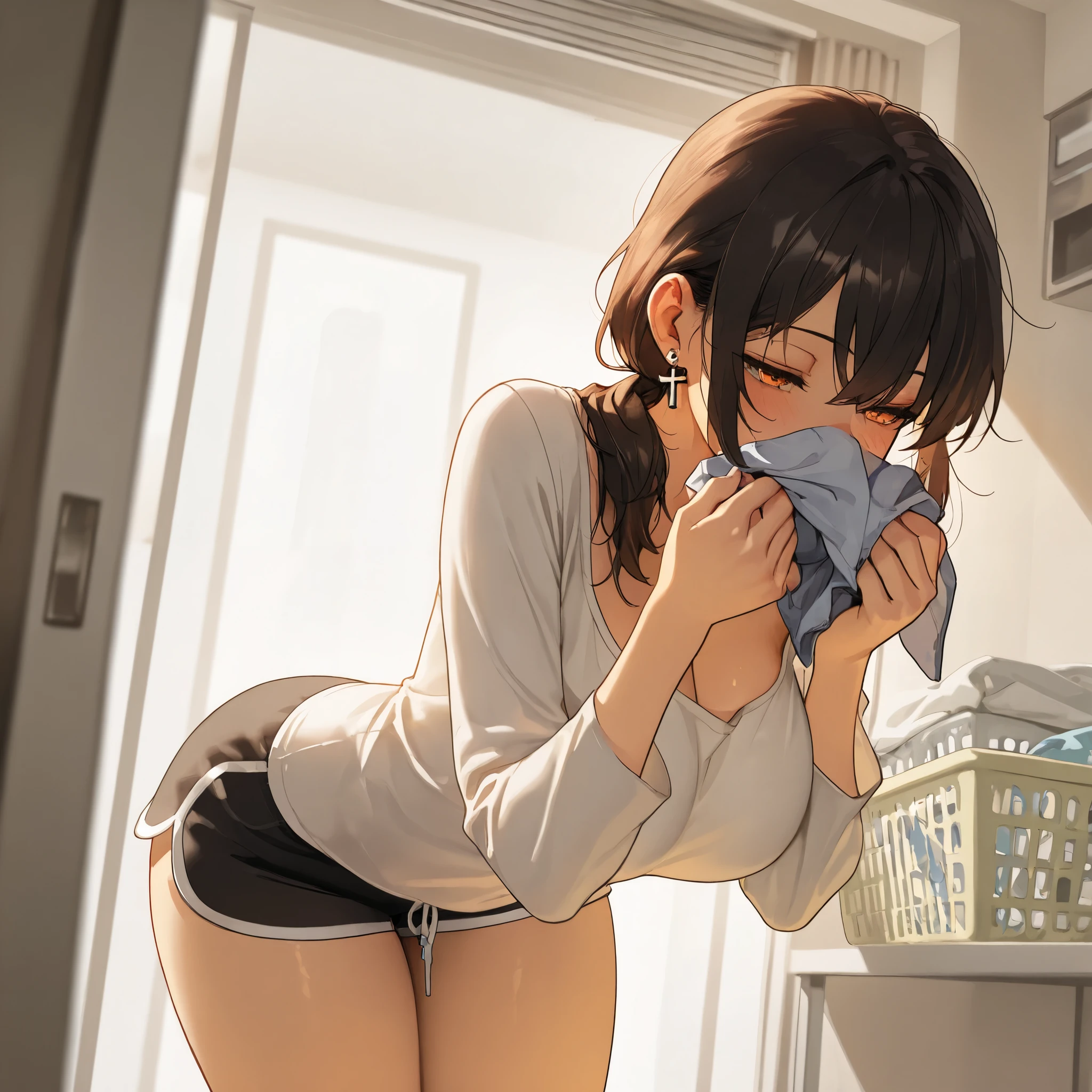 tired messy shirt, long sleeves, dolphin shorts, cute girl, solo, short hair, ponytail hair, Black hair with brown ends, orange eyes, large breasts, cross Pierced earrings, blush, flawless smooth skin, looking at viewer, A smile like a goddess, half closed eyes, indoors, smelling clothes, smelling, covering mouth, indoors, washing machine ,laundry basket, ceiling, looking away,bored, (best quality,4k,8k,highres,masterpiece:1.2),ultra-detailed,intricate details, high fashion, dramatic lighting, warm colors, chiaroscuro