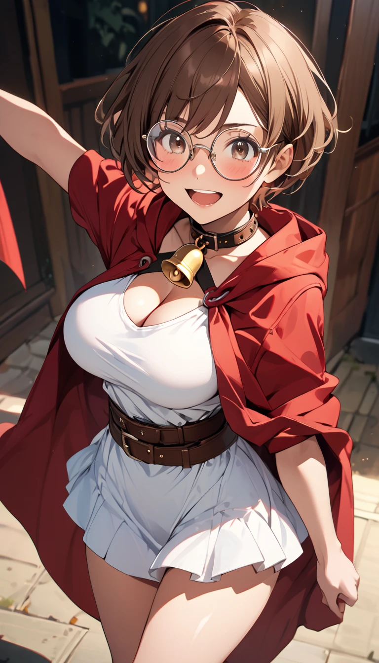 score_9, score_8_up, score_7_up, source_anime, Illustration of a girl wearing a red cloak:1.9, tomboy, solo, (very short hair, pixie cut, brown hair), circle-glasses, cute girl, perfect female body, big breasts, cleavage, beautiful limbs, white dress, red mantle:1.9, red cloak:1.9, standing, leather collar, bell, submissive, Ecstatic expression