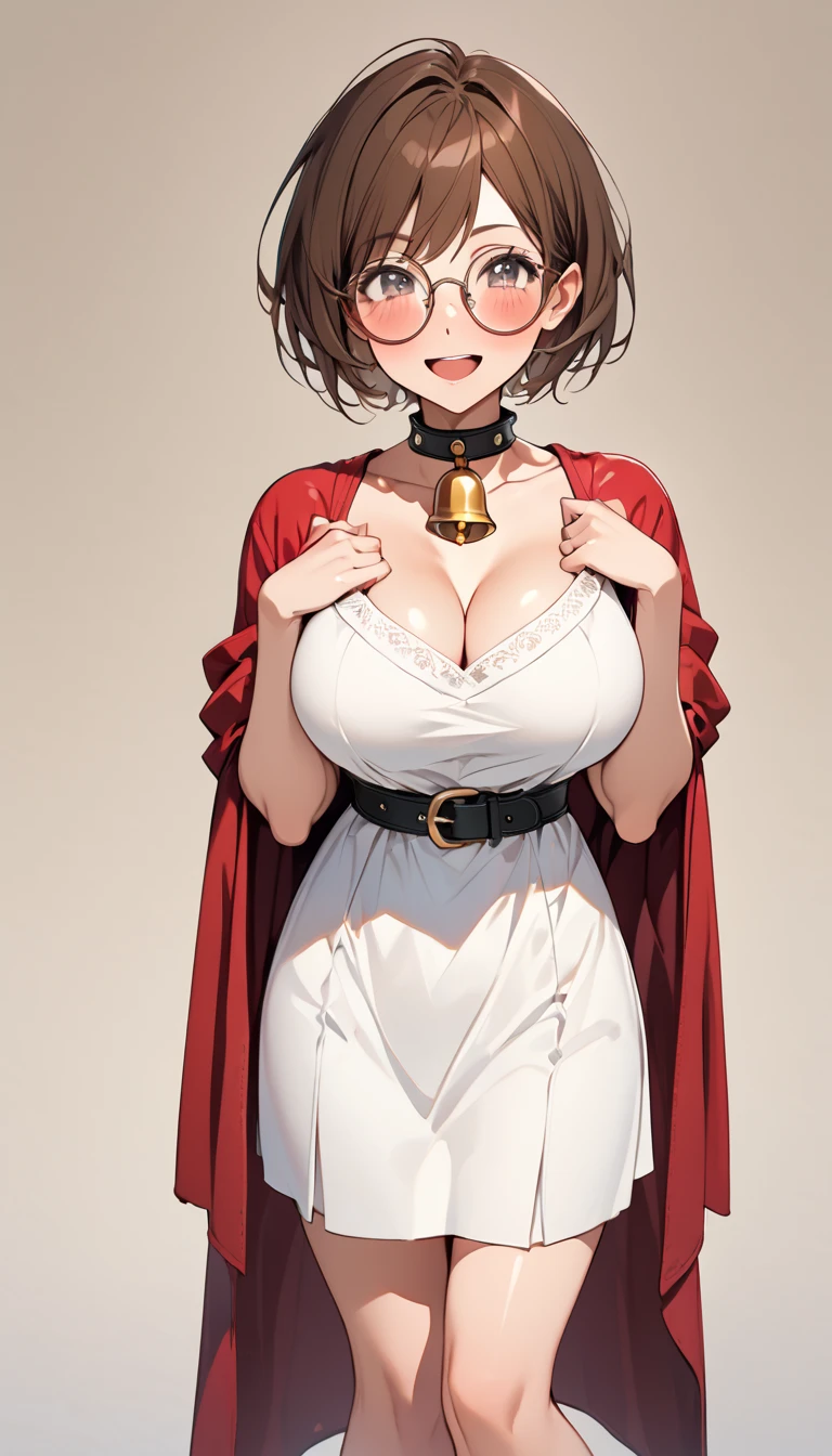 score_9, score_8_up, score_7_up, source_anime, Illustration of a girl wearing a red cloak:1.9, tomboy, solo, (very short hair, pixie cut, brown hair), circle-glasses, cute girl, perfect female body, big breasts, cleavage, beautiful limbs, white dress, red mantle:1.9, red cloak:1.9, standing, leather collar, bell, submissive, Ecstatic expression