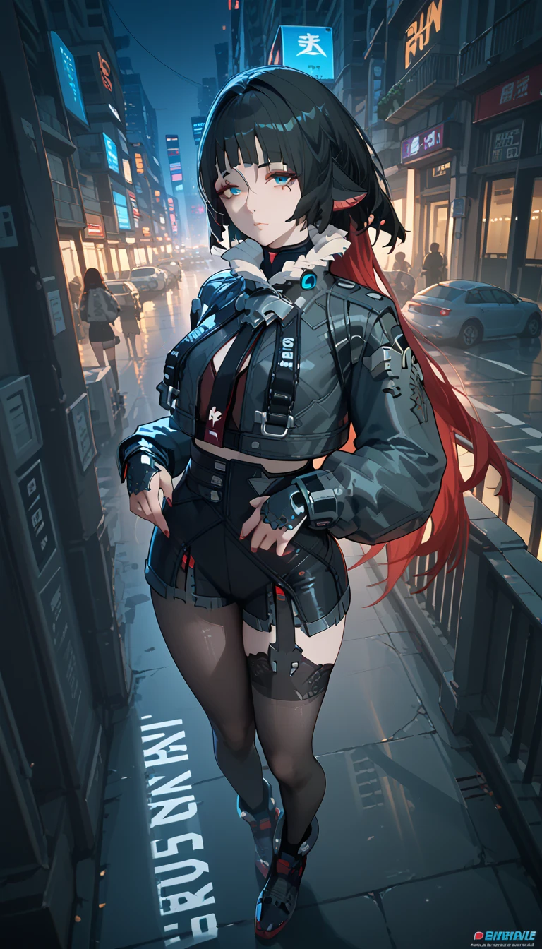 yanedoe- zzz, aqua eyes, long hair, black hair,  red hair ,  Animal ears,  looks at the viewer ,  full length,  the body is completely 1.1.,  correct anatomy 1 .1., very sexy,  sexy pose, Above the building, I look at the city,  facing the viewer , night city, cyberpunk street, 