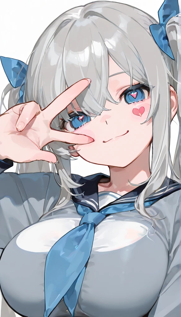 (masterpiece,  top quality ),      1 girl,  heart face mark   ,  v over eye     ,,   smile、     raise your hand, fingertip 、  Cheek stickers、very huge big boobs、Gray Hair、 twin tails、 blue eyes、