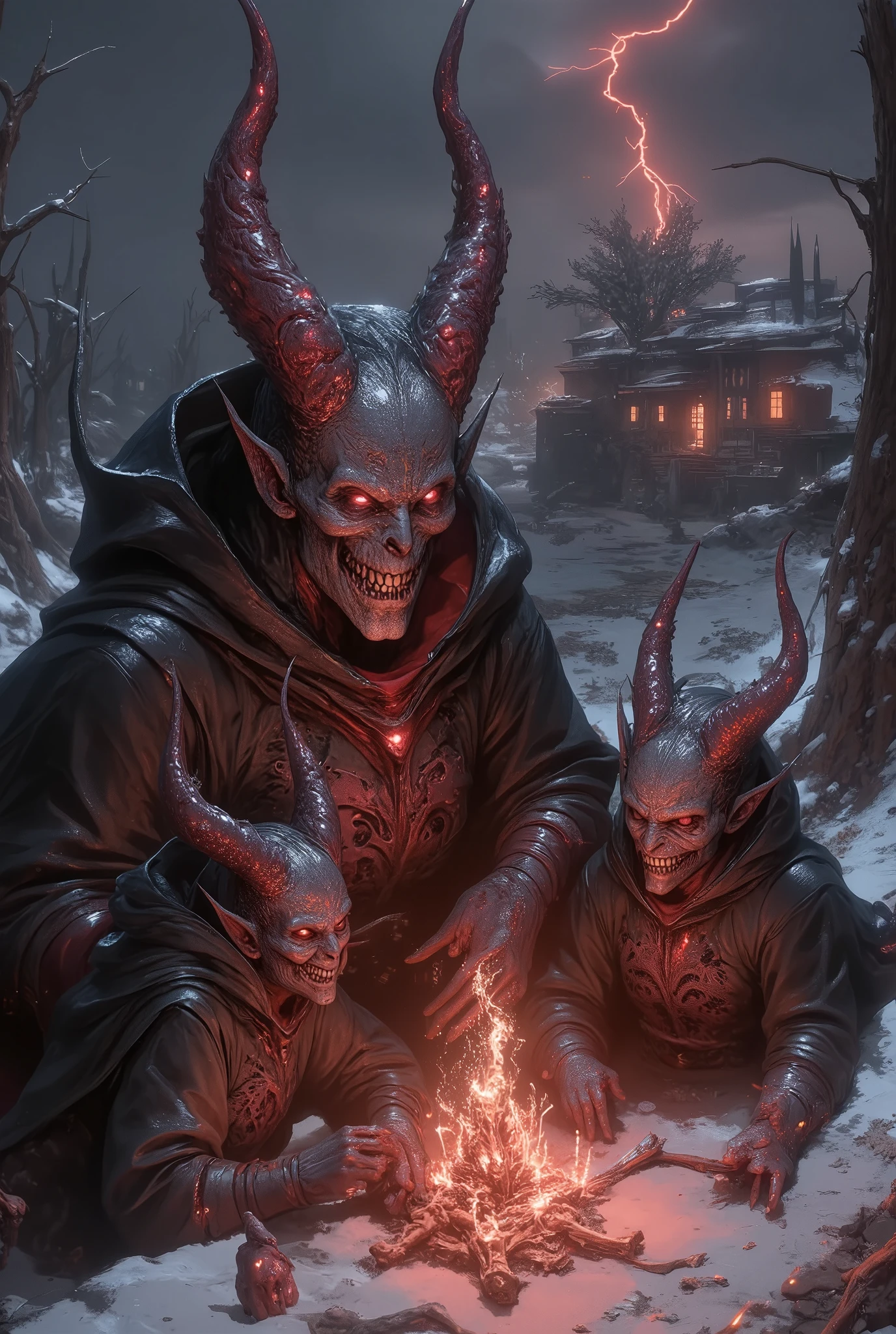 trk,ultra-realistic, photorealistic, dramatic scene, cinematic lighting, shadow, global-illumination, a group of sinister demons celebrating Christmas, (dark clouds with red lightning:1.5), a foreboding sky that dominates the background, glowing crimson eyes of the demons, (evil grins:1.3), demonic Christmas outfits with black and red tones, (intricate horns:1.2), (tattered capes:1.3), surrounding a grotesque Christmas tree made of bones and twisted metal, (decorated with glowing cursed ornaments:1.5), a dark snowy environment where the snow is mixed with ashes, a desolate town visible in the background with dimly lit windows, eerie shadows cast by a flickering fire at the base of the tree, (chaotic wind blowing:1.3), (dark magic swirling around:1.5), a malevolent yet surreal festive atmosphere.