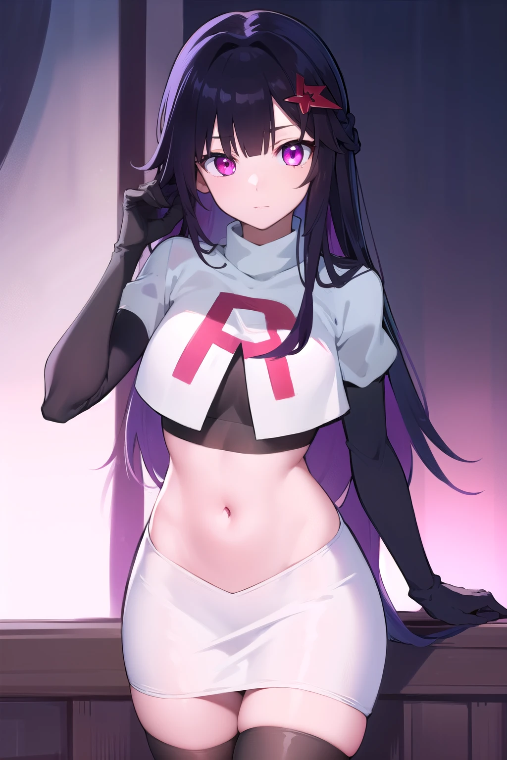 honkaisparkle, black hair, colored inner hair, glasses, hair intakes, hair ornament, hairclip, long hair, multicolored hair, (pink eyes:1.3), purple hair, straight hair,
BREAK team rocket,team rocket uniform,white skirt,red letter R,crop top,black thigh-highs,black elbow gloves,
BREAK looking at viewer, cowboy shot,
BREAK (masterpiece:1.2), best quality, high resolution, unity 8k wallpaper, (illustration:0.8), (beautiful detailed eyes:1.6), extremely detailed face, perfect lighting, extremely detailed CG, (perfect hands, perfect anatomy),